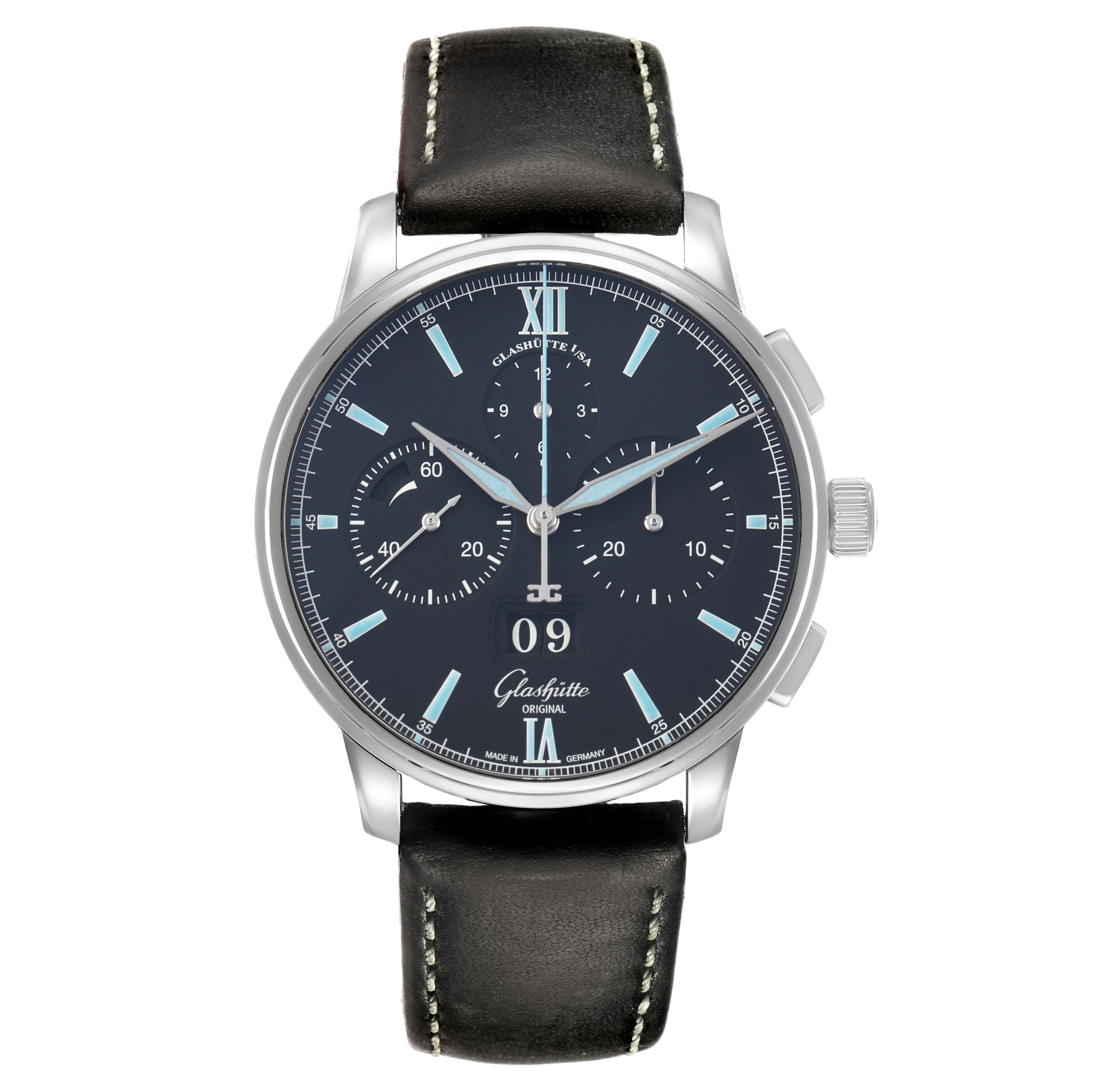 The Glashütte Senator watch is shown from a front angle, displaying the dial, case, and leather strap.