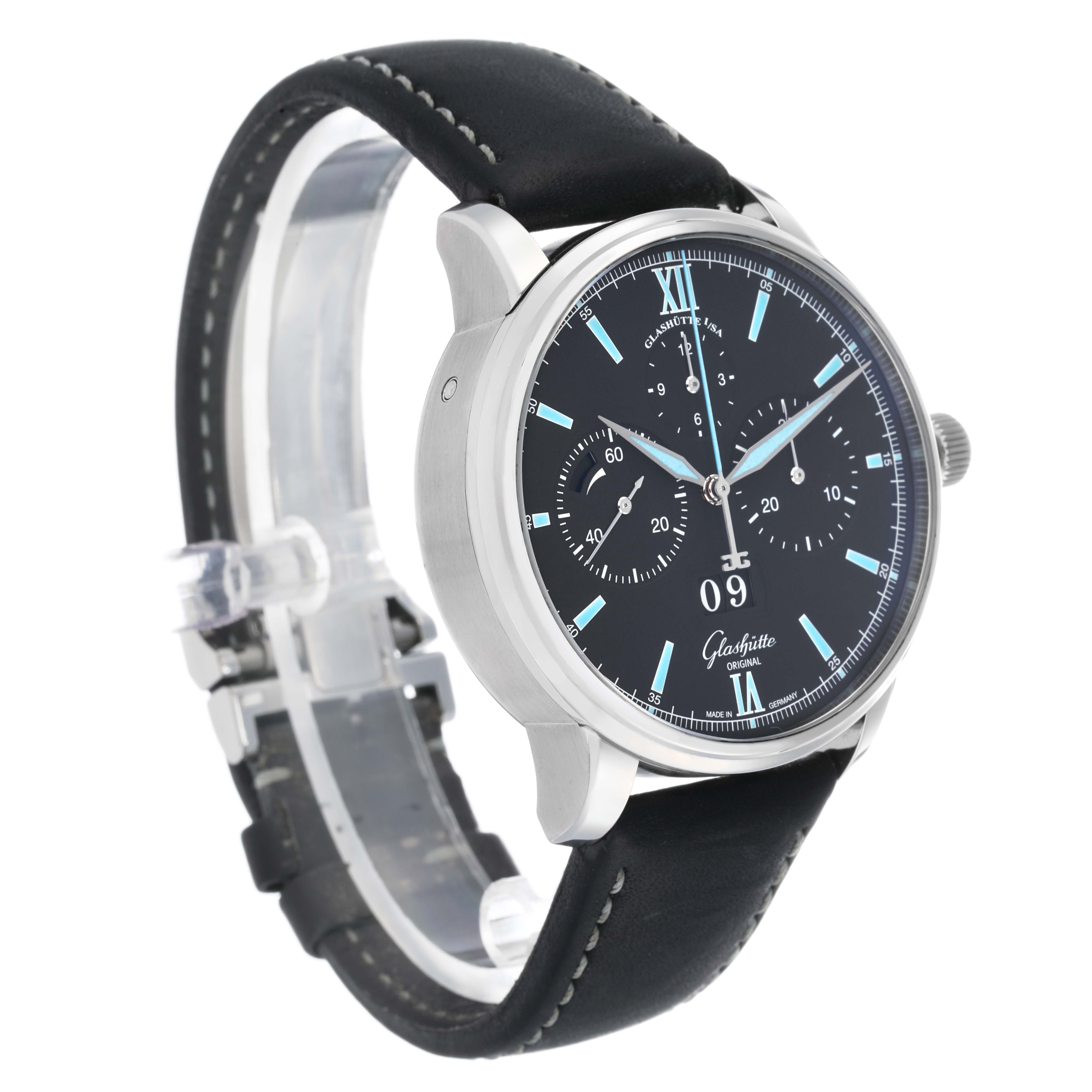 The Glashütte Senator watch is shown at a three-quarter angle, highlighting the dial, side profile, and leather strap.