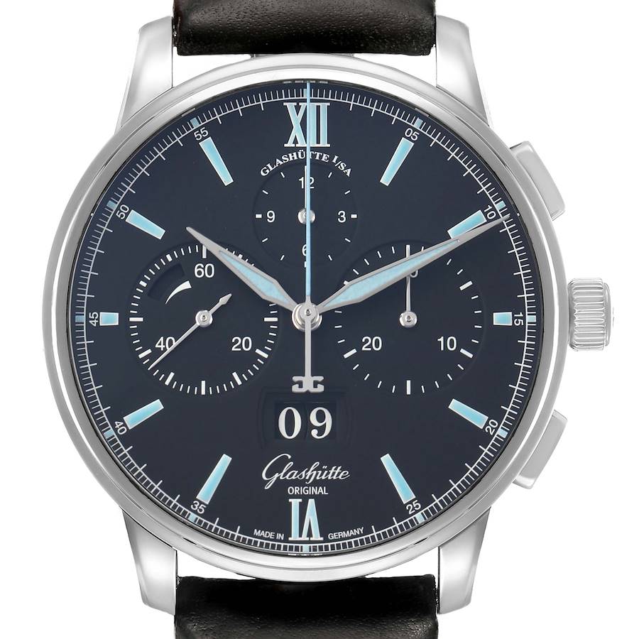 The Glashütte Senator watch is shown from a front angle, displaying its dial, subdials, hands, date window, and leather strap.