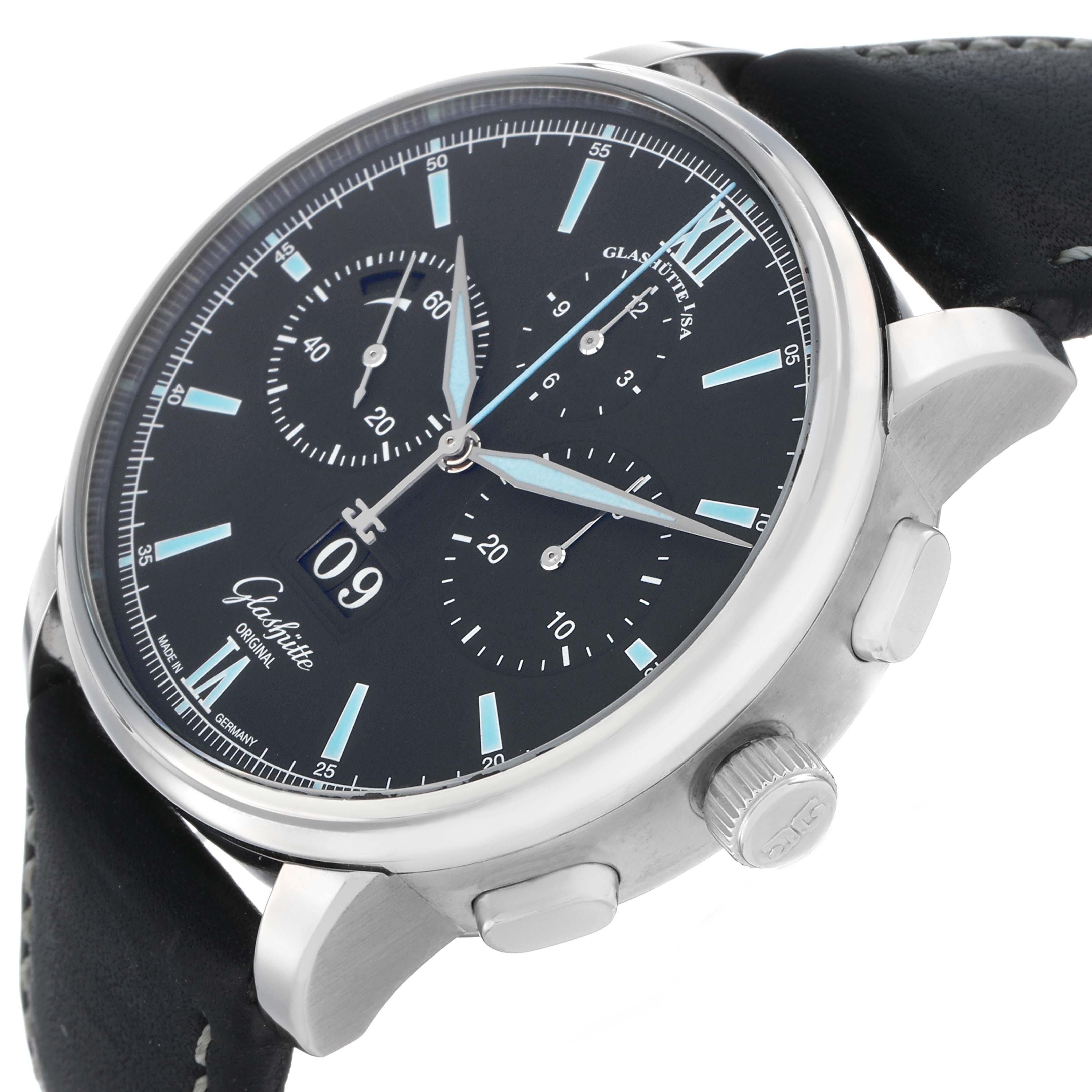 The Glashütte Senator watch is shown at an angle highlighting the dial, pushers, crown, and leather strap.