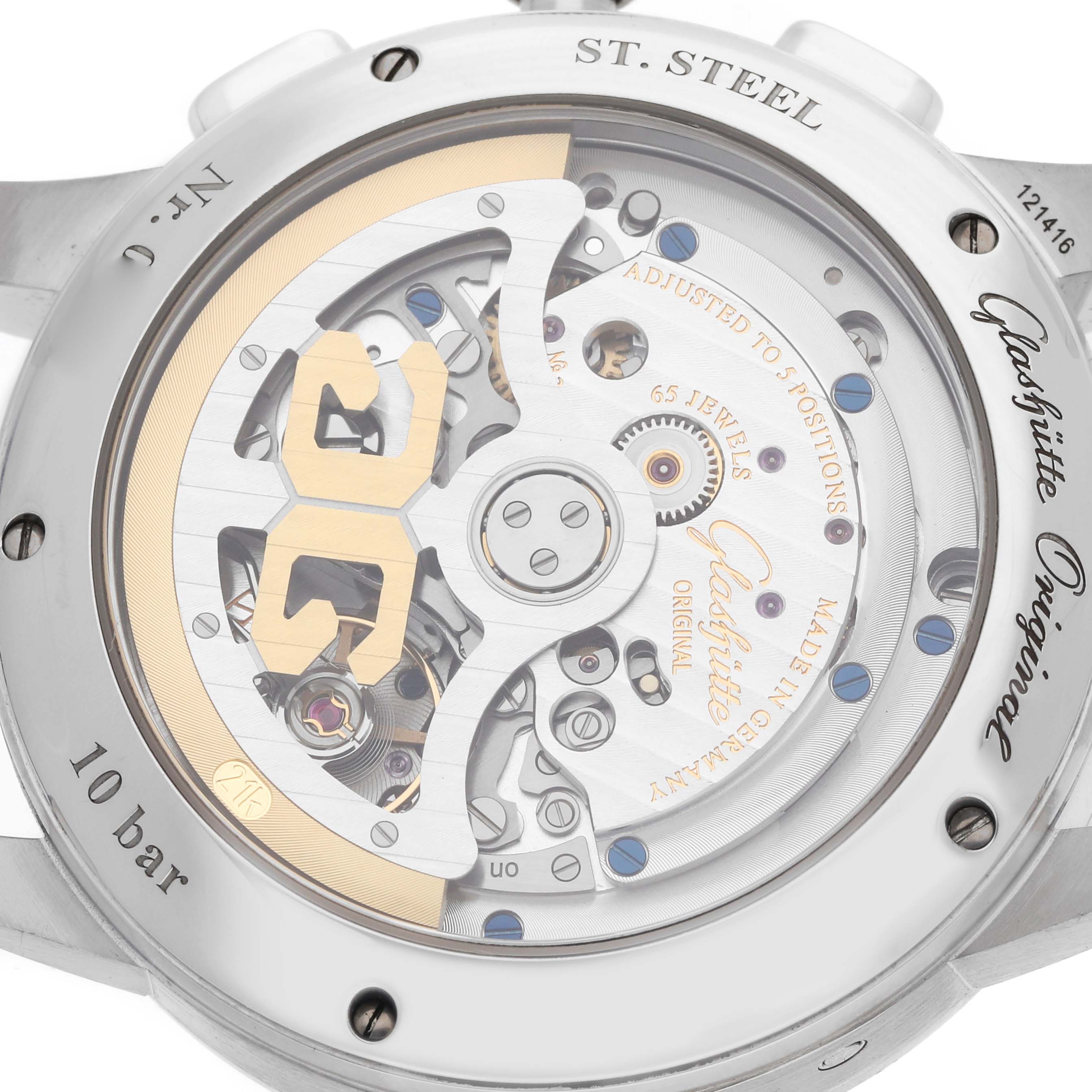 The image shows the back view of the Glashütte Senator watch, highlighting its intricate movement and rotor.