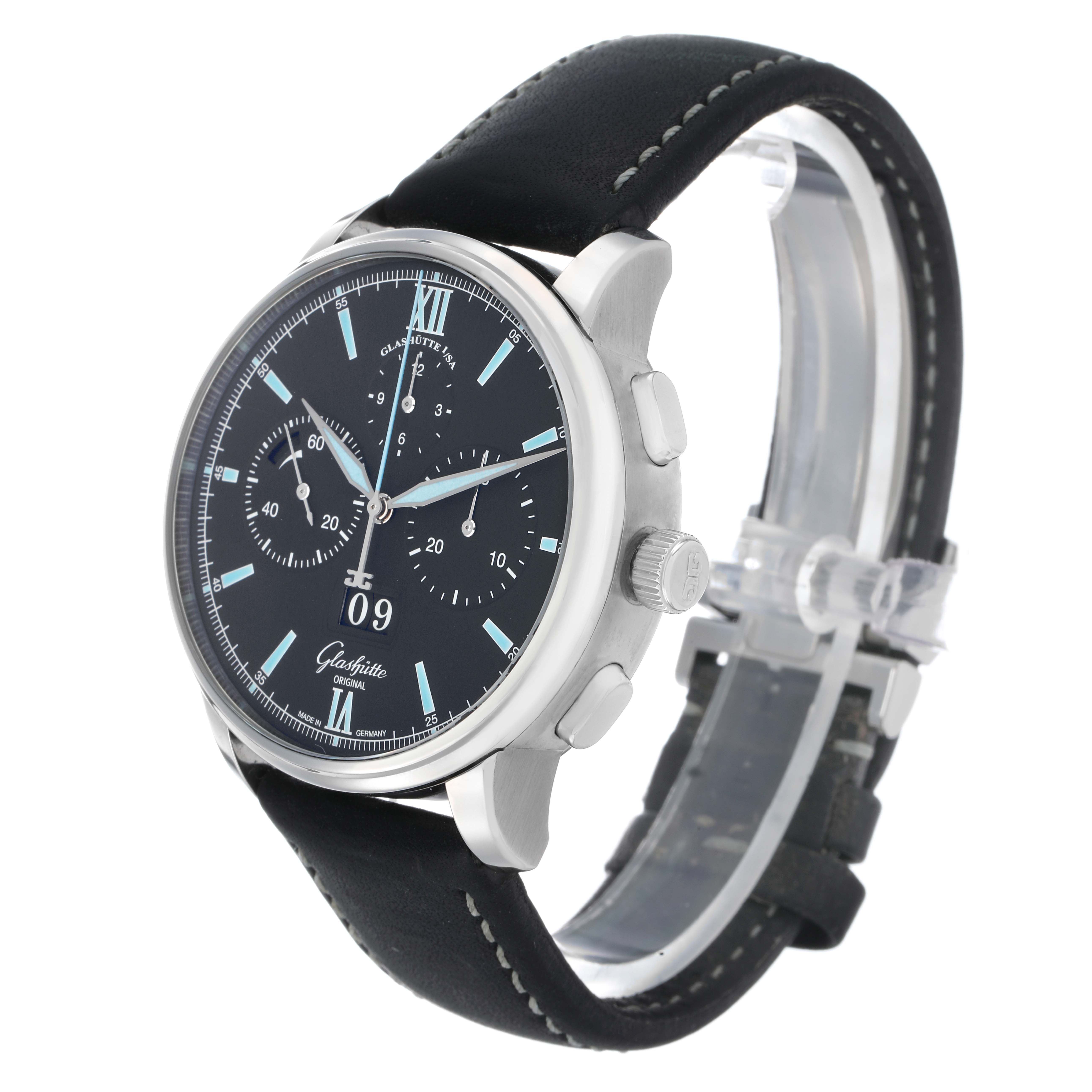 The Glashütte Senator watch is shown at a three-quarter angle, highlighting the dial, case, and strap.