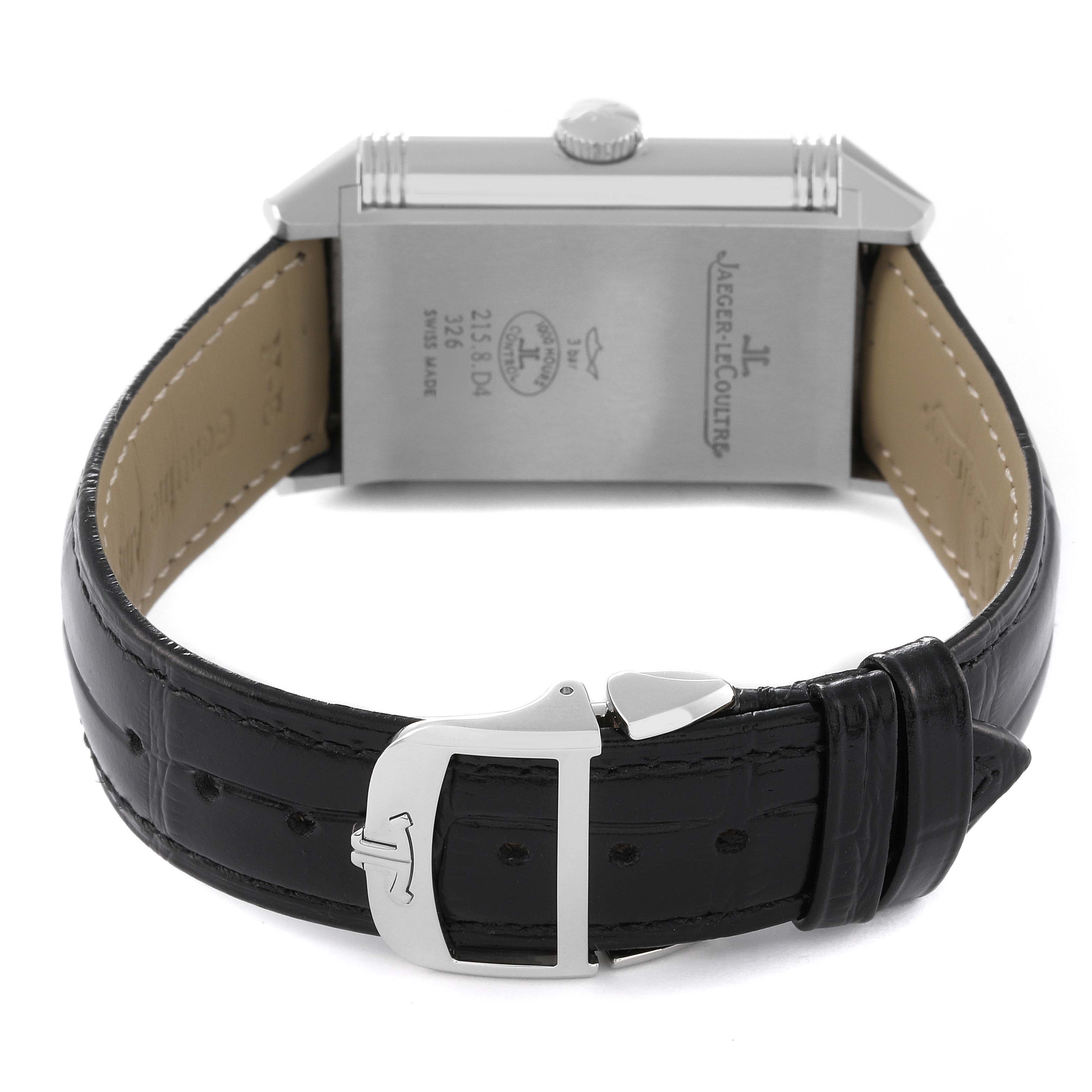 This image shows the back case, crown, and clasp of a Jaeger LeCoultre Reverso Q3848420 Men
s Stainless Steel Silver Dial Q3848420 Men
s Stainless Steel Silver Dial watch.