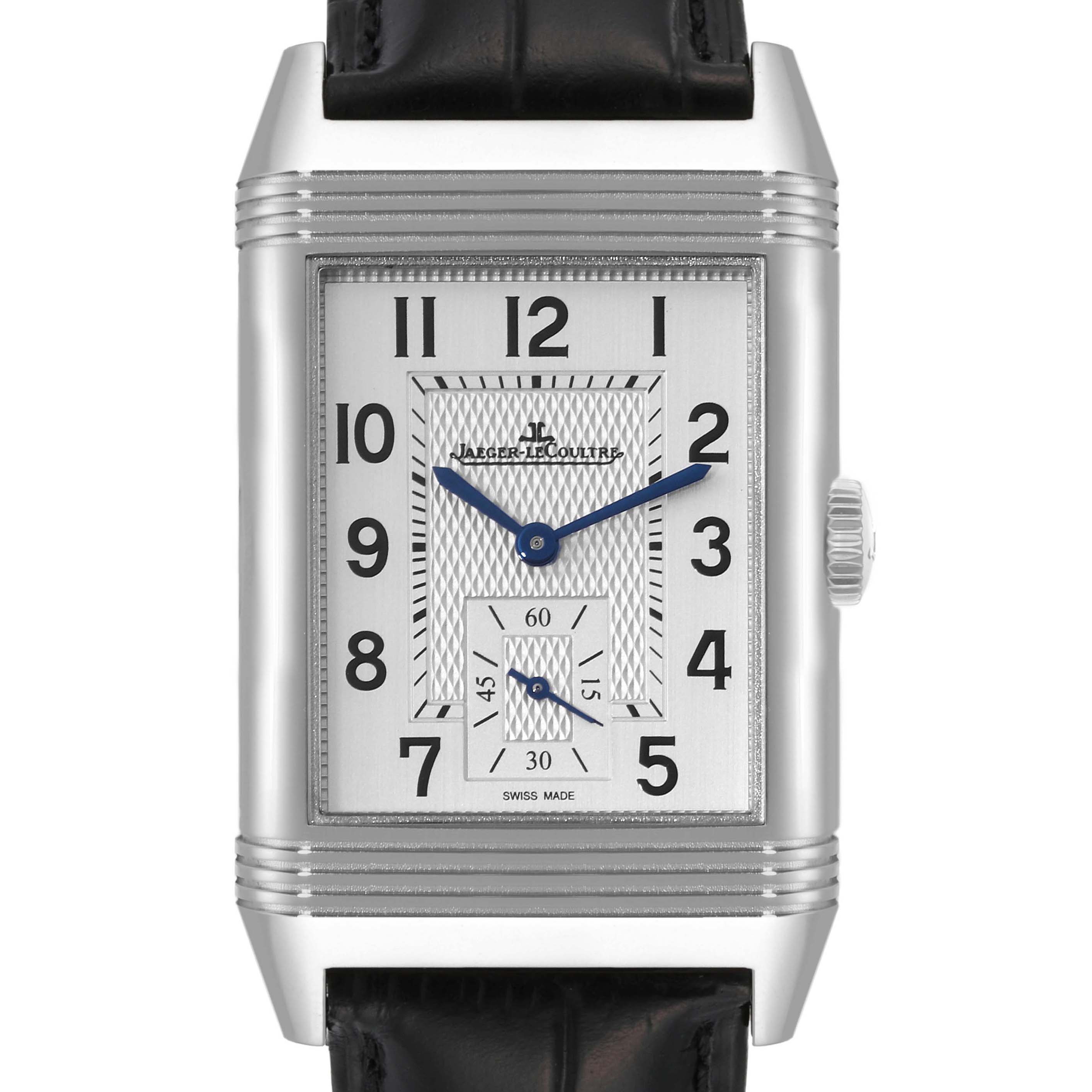 The image shows a front view of a Jaeger LeCoultre Reverso Q3848420 Men
s Stainless Steel Silver Dial Q3848420 Men
s Stainless Steel Silver Dial watch, highlighting its rectangular face and black leather strap.
