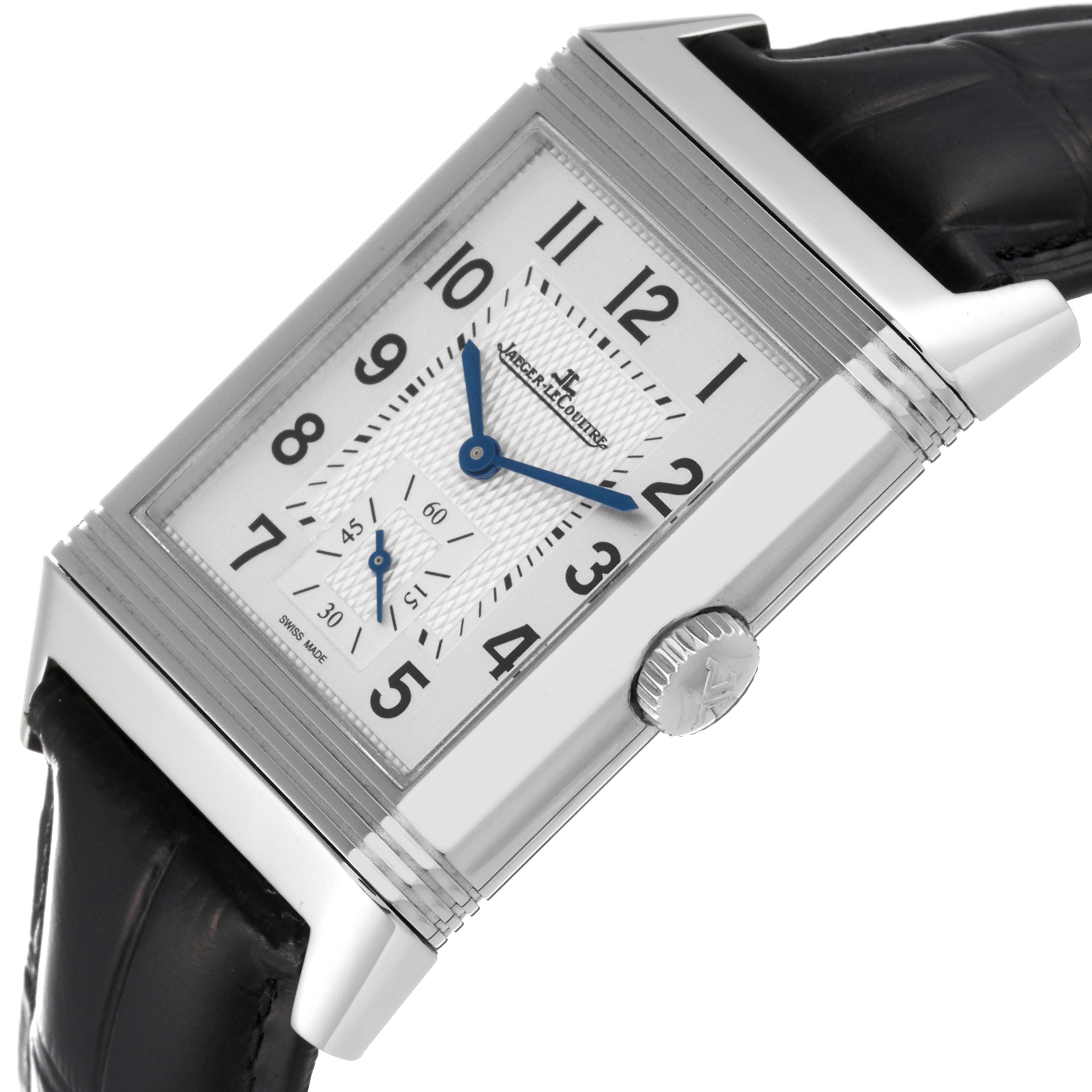 The image shows a side angle of the Jaeger LeCoultre Reverso Q3848420 Men
s Stainless Steel Silver Dial Q3848420 Men
s Stainless Steel Silver Dial watch, highlighting its face, crown, and leather strap.