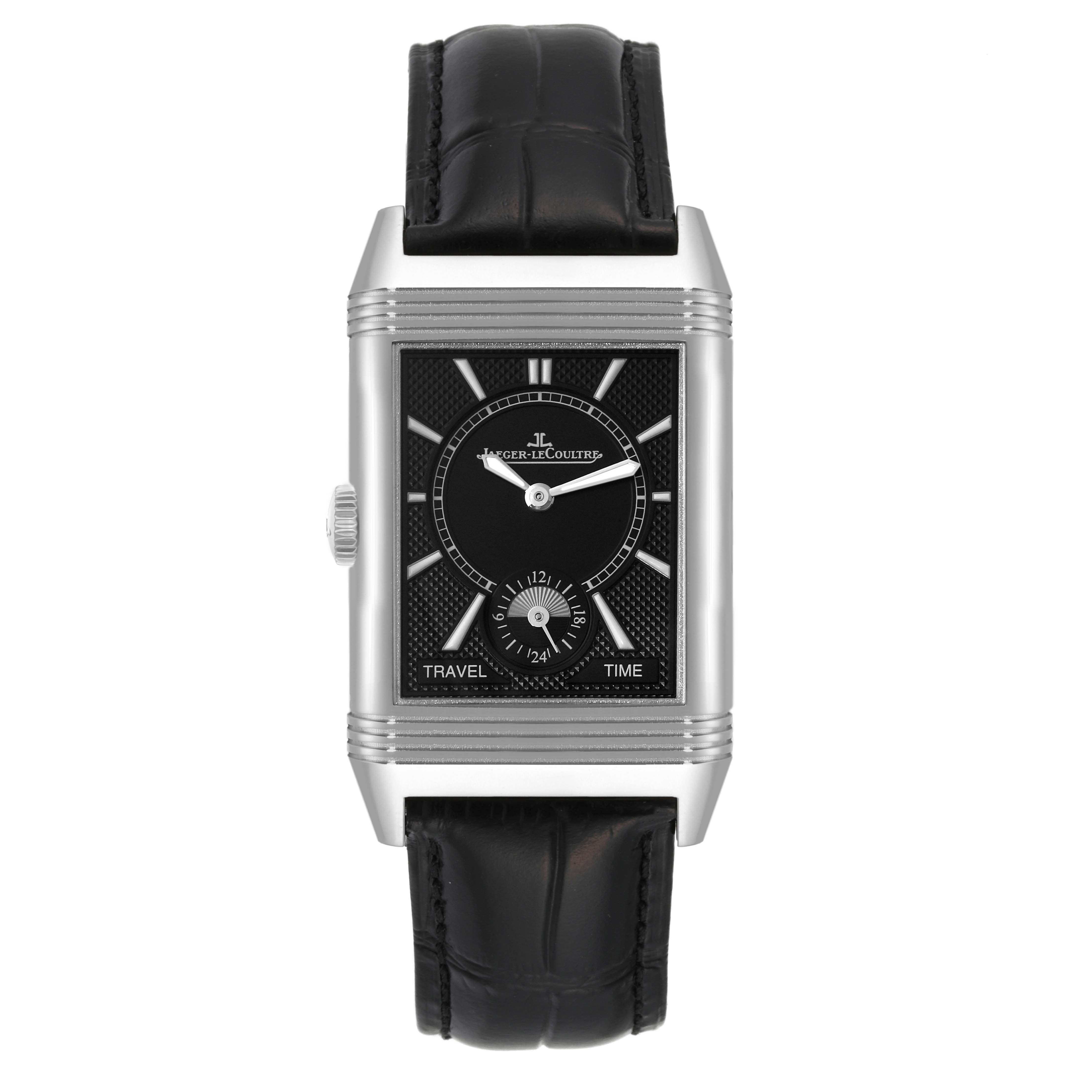 The image shows a front view of a Jaeger LeCoultre Reverso Q3848420 Men
s Stainless Steel Silver Dial Q3848420 Men
s Stainless Steel Silver Dial watch with a black dial and leather strap.