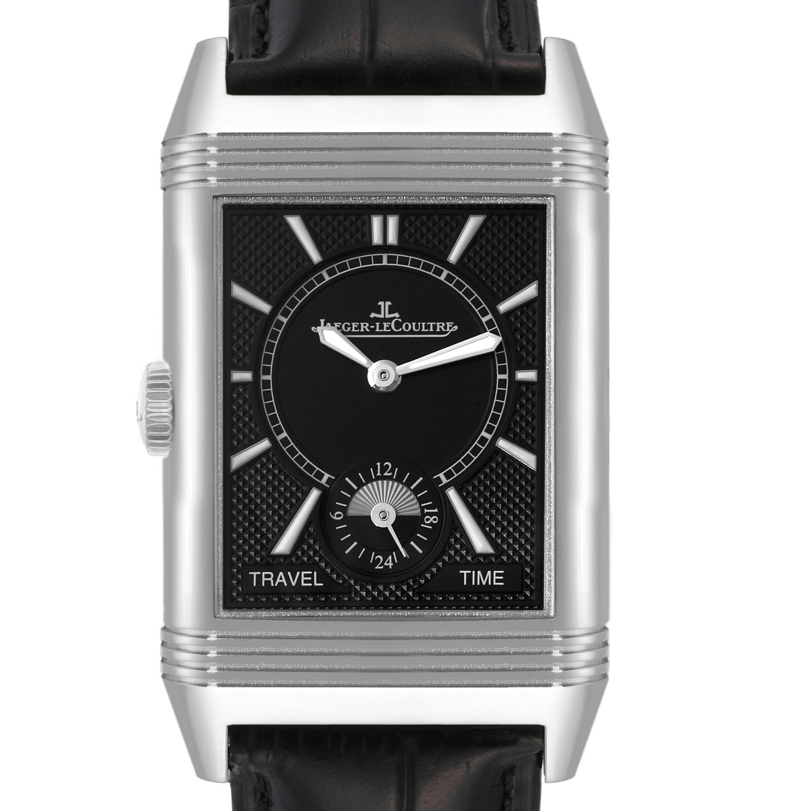 The image shows a frontal view of the Jaeger-LeCoultre Reverso watch, highlighting the dial, hands, crown, and part of the strap.