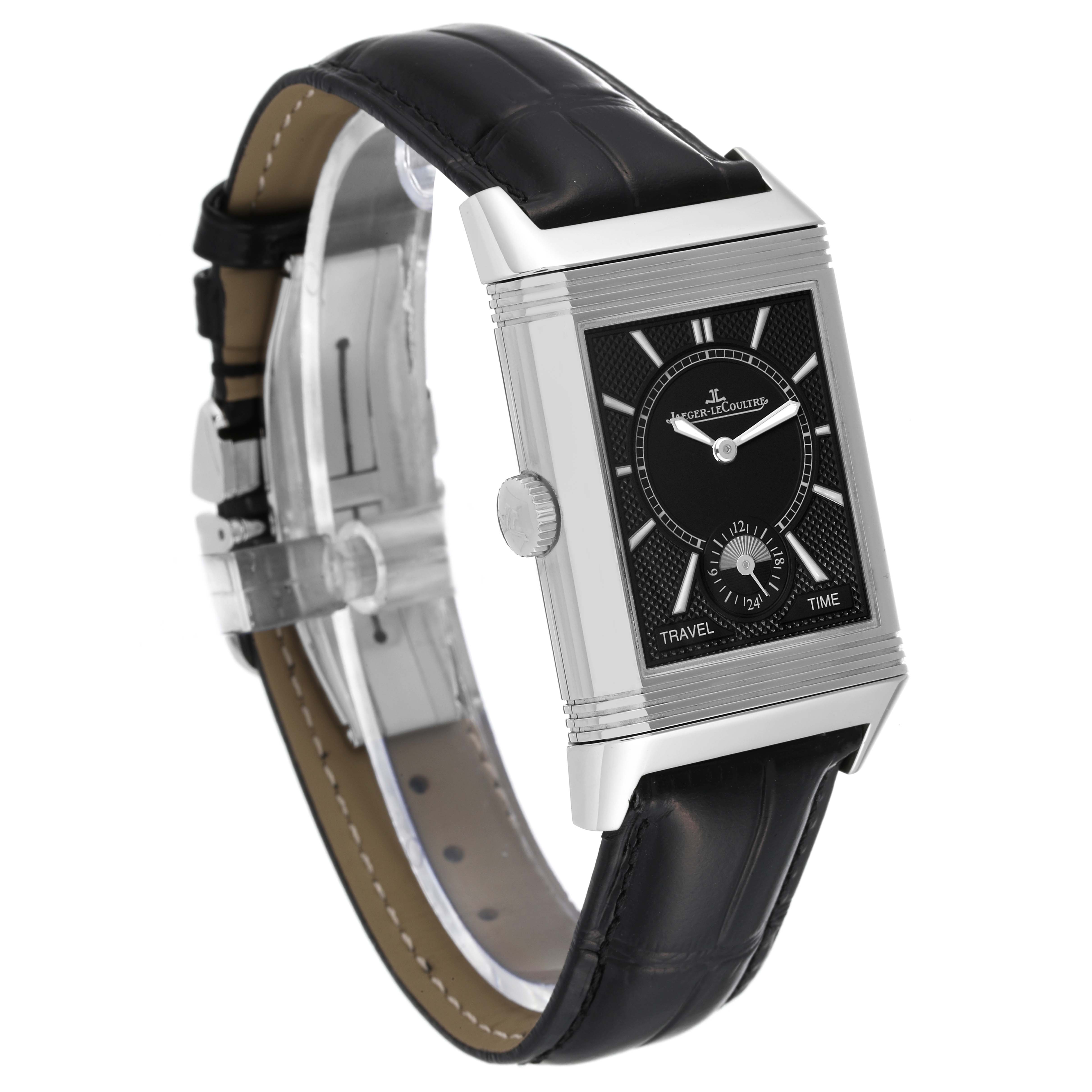 The image shows a Jaeger LeCoultre Reverso Q3848420 Men
s Stainless Steel Silver Dial Q3848420 Men
s Stainless Steel Silver Dial watch at a three-quarter angle, highlighting its rectangular face and leather strap.