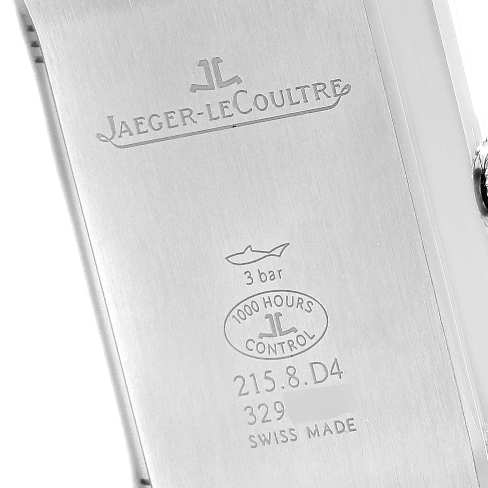 The image shows the back of a Jaeger LeCoultre Reverso Q3848420 Men's Stainless Steel Silver Dial Q3848420 Men's Stainless Steel Silver Dial watch, detailing the brand, model number, and water resistance.