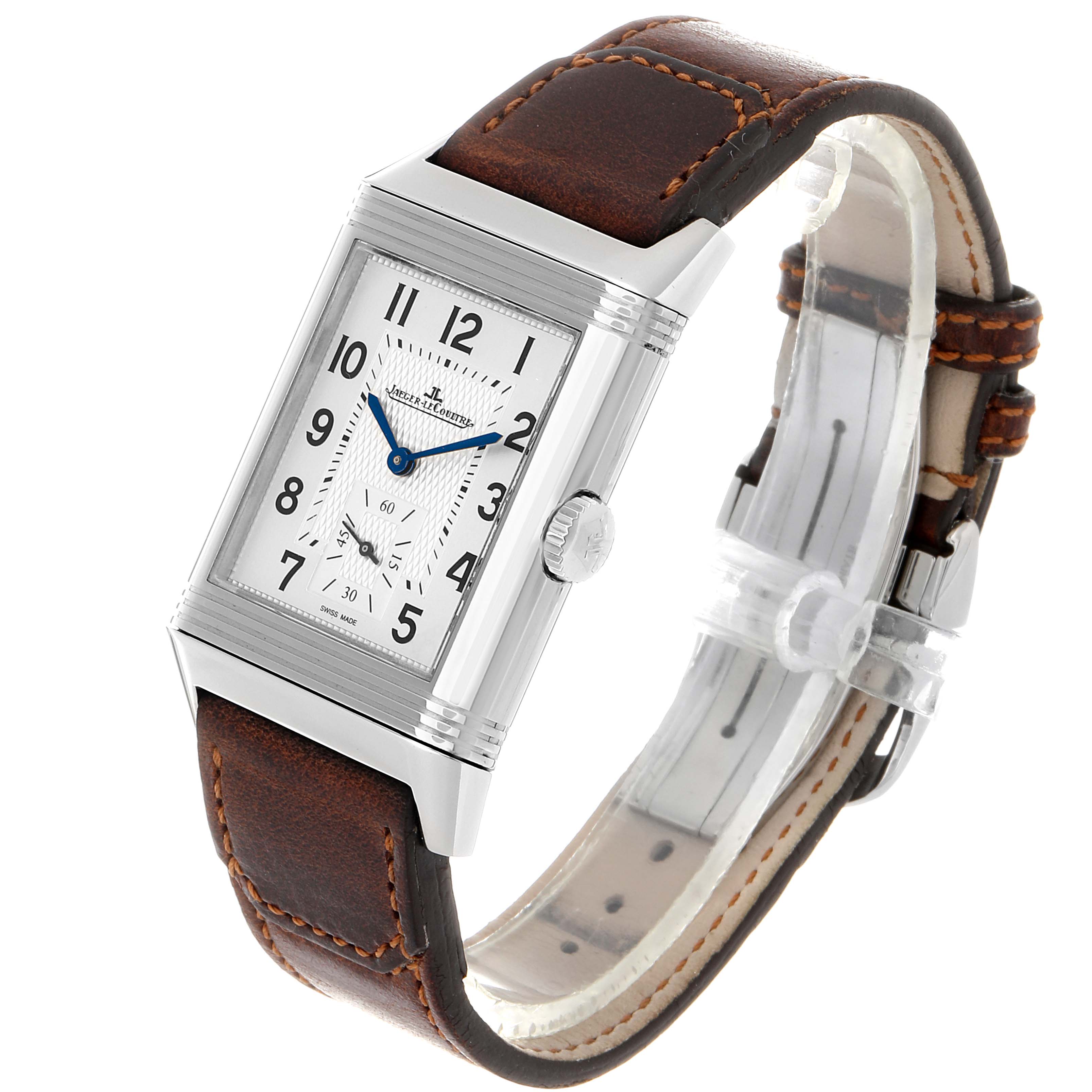 This image shows a Jaeger-LeCoultre Reverso watch at a slight angle, highlighting its rectangular face, leather strap, and crown.