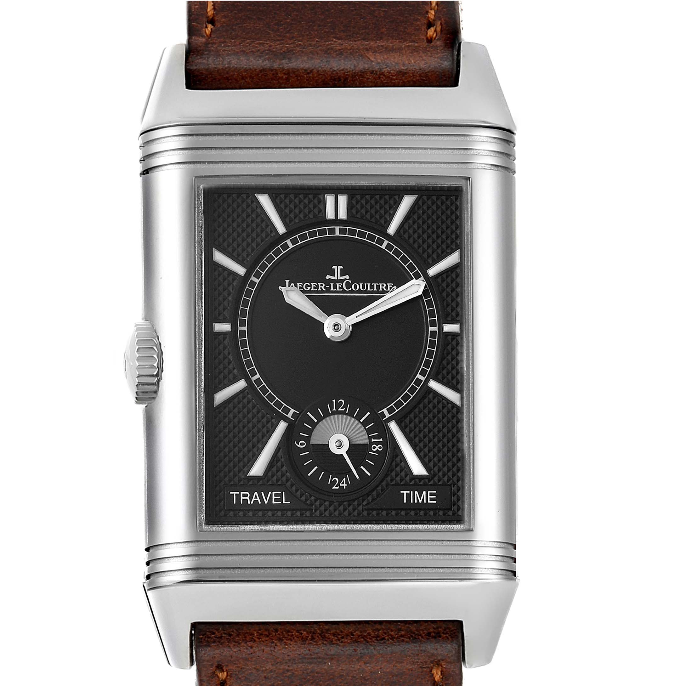 The image shows a frontal view of a Jaeger LeCoultre Reverso Q3848420 Men's Stainless Steel Silver Dial Q3848420 Men's Stainless Steel Silver Dial watch, highlighting its dial, case, and brown leather strap.