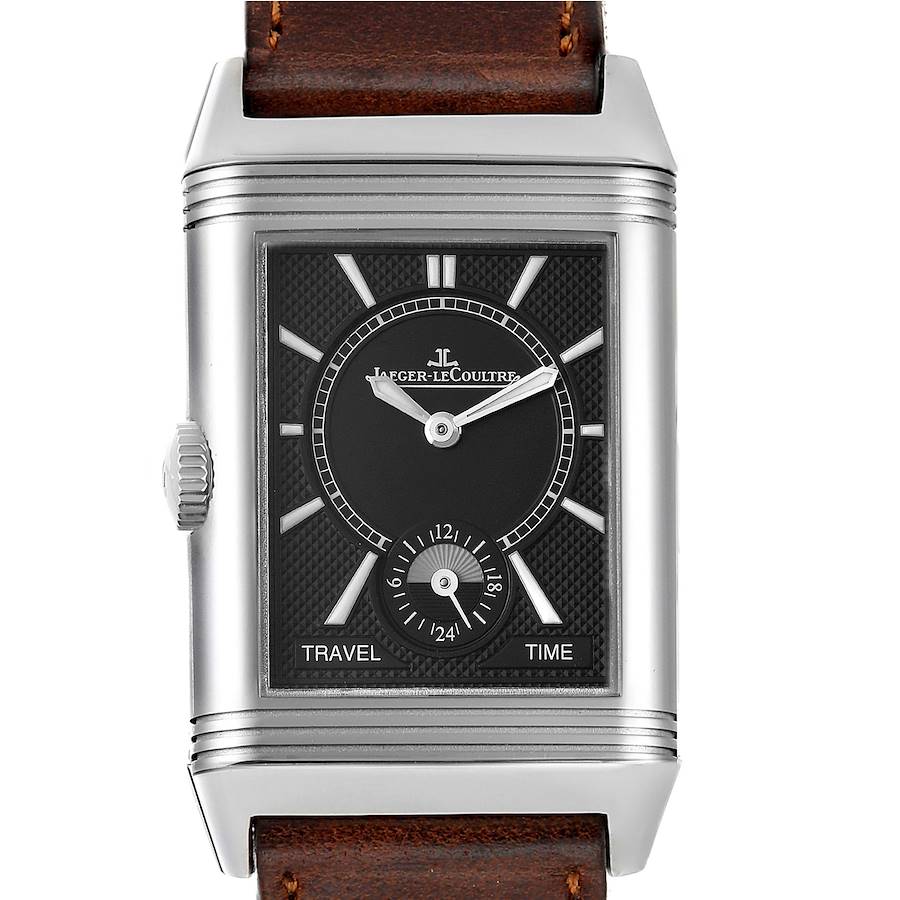 The image shows a frontal view of a Jaeger LeCoultre Reverso watch, highlighting its dial, case, and brown leather strap.