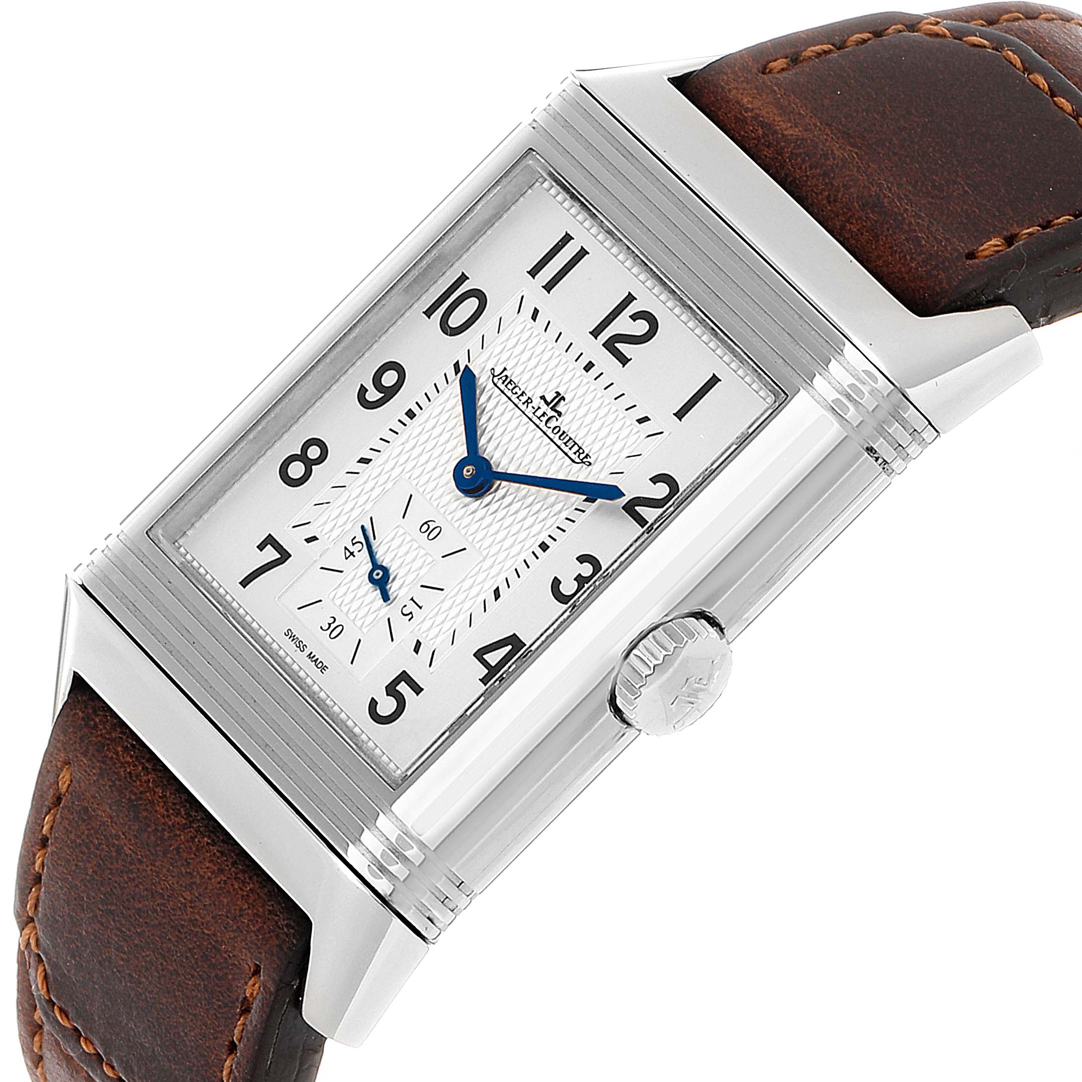 The image shows a Jaeger LeCoultre Reverso Q3848420 Men's Stainless Steel Silver Dial Q3848420 Men's Stainless Steel Silver Dial watch at an angle emphasizing the face, crown, and leather strap.