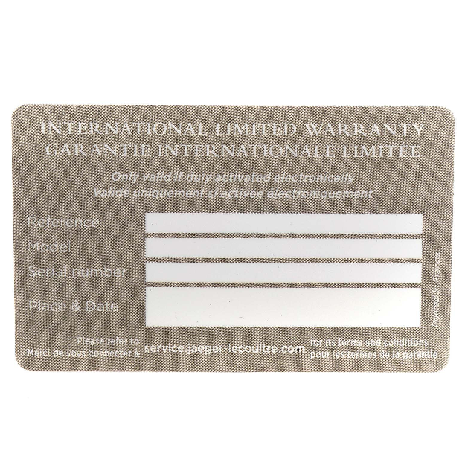 The image shows an international limited warranty card for the Jaeger-LeCoultre Reverso model.