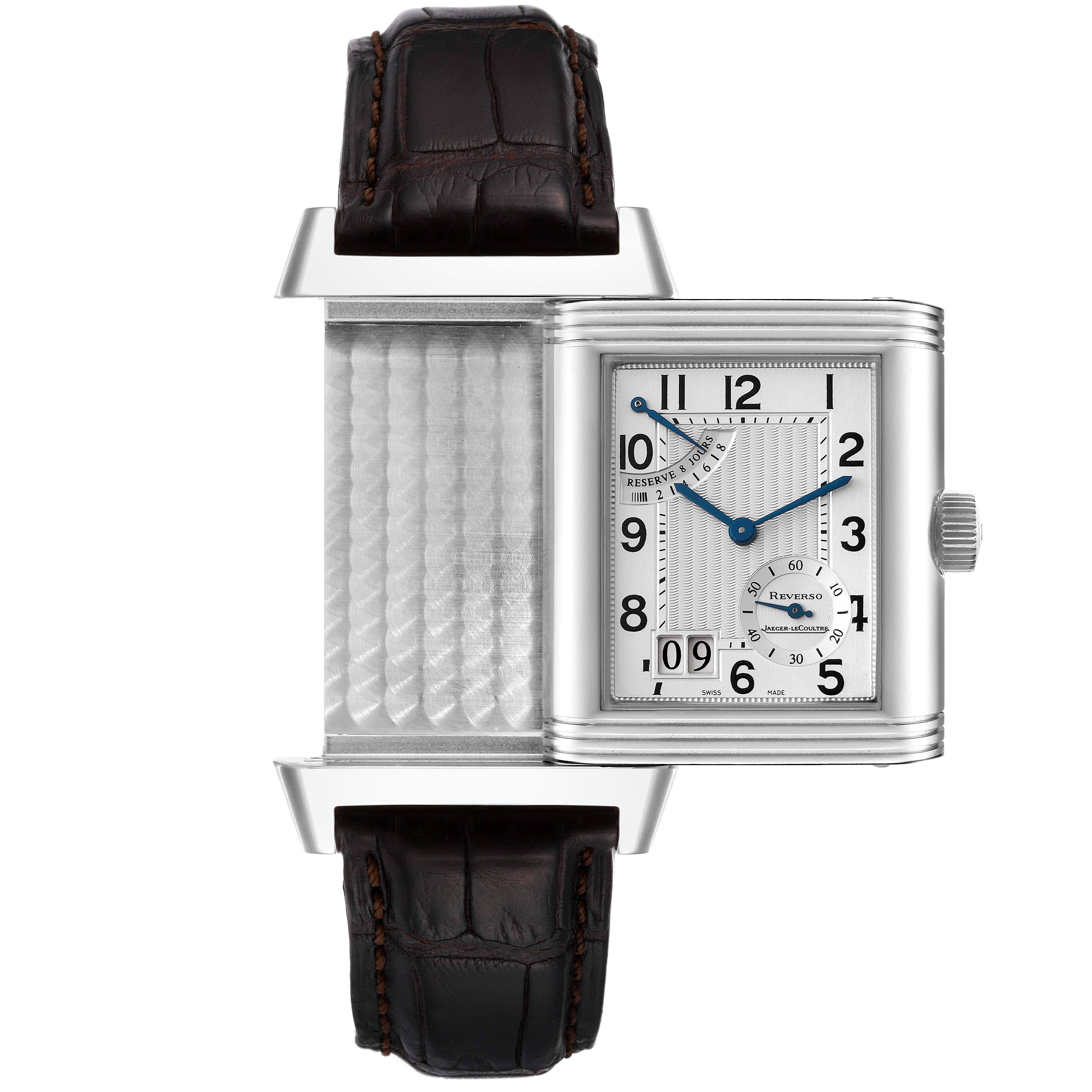 This image shows the Jaeger LeCoultre Reverso Q3008420 Men's Stainless Steel Silver Dial Q3008420 Men's Stainless Steel Silver Dial watch in a partially pivoted position revealing its case back and intricate details.