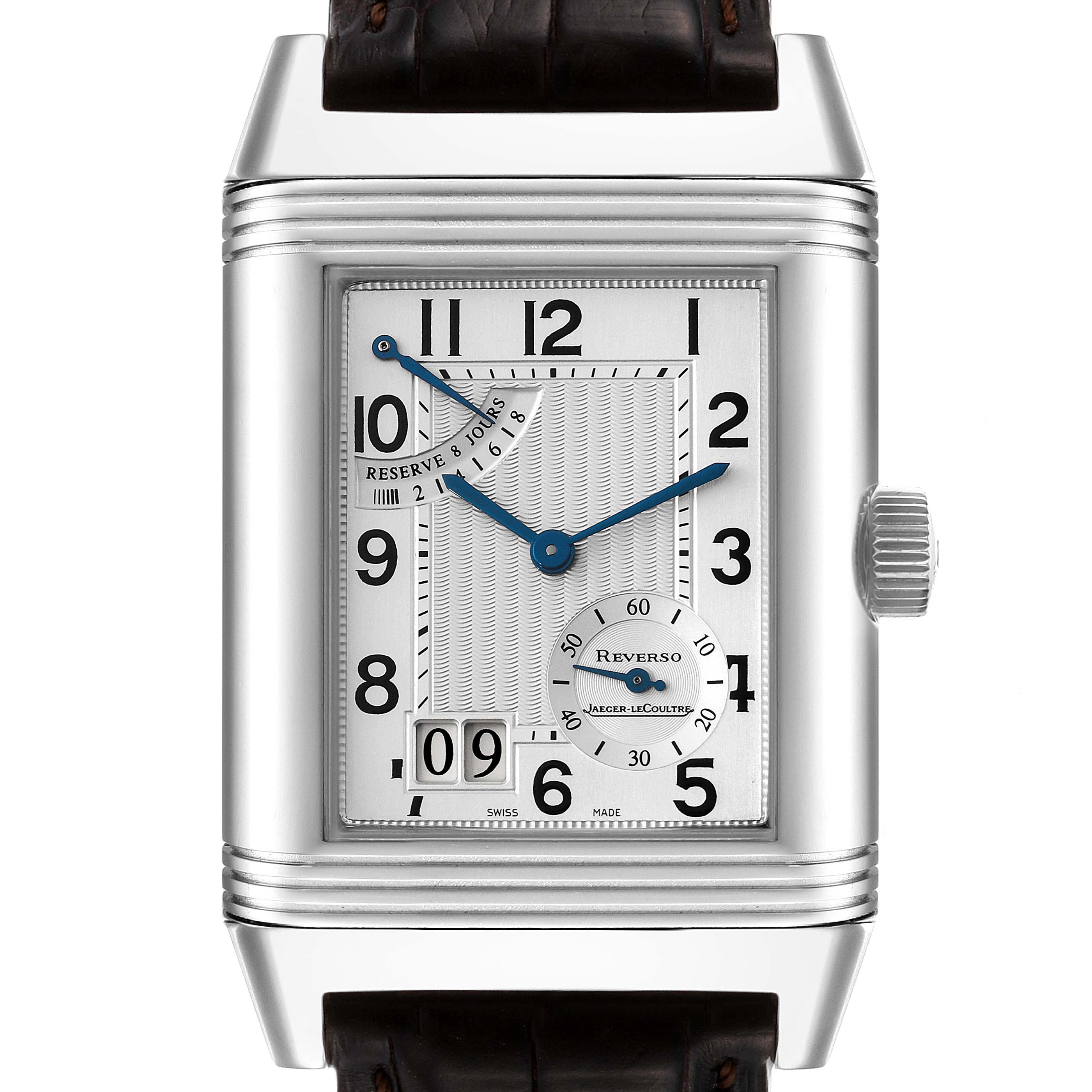 The image shows a close-up, frontal view of the Jaeger LeCoultre Reverso Q3008420 Men's Stainless Steel Silver Dial Q3008420 Men's Stainless Steel Silver Dial watch, including the dial, hands, crown, and part of the strap.