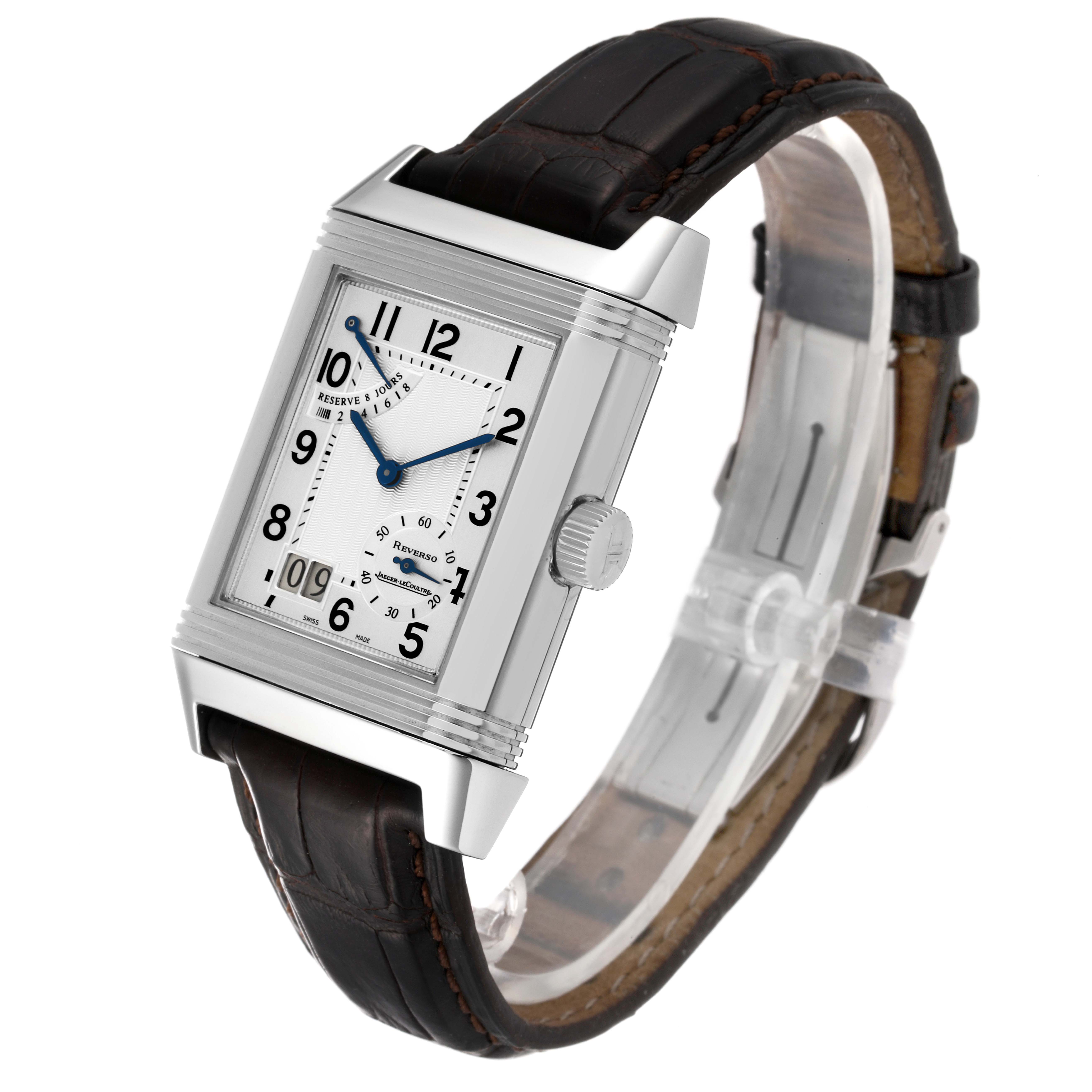 This Jaeger-LeCoultre Reverso watch is shown at an angle displaying the face, crown, and part of the strap.