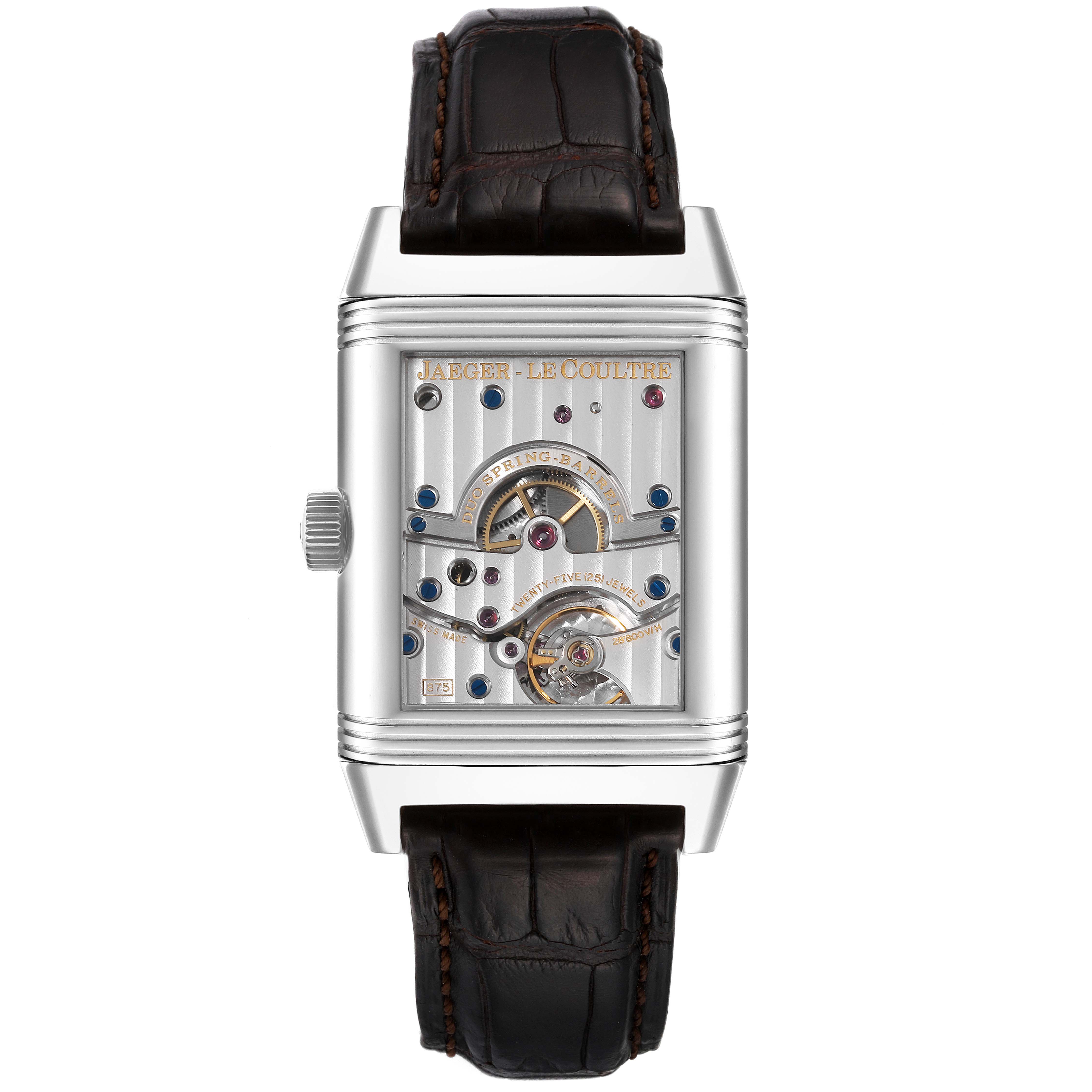 This image shows the front vertical view of the Jaeger-LeCoultre Reverso watch, highlighting its intricate mechanism and leather strap.
