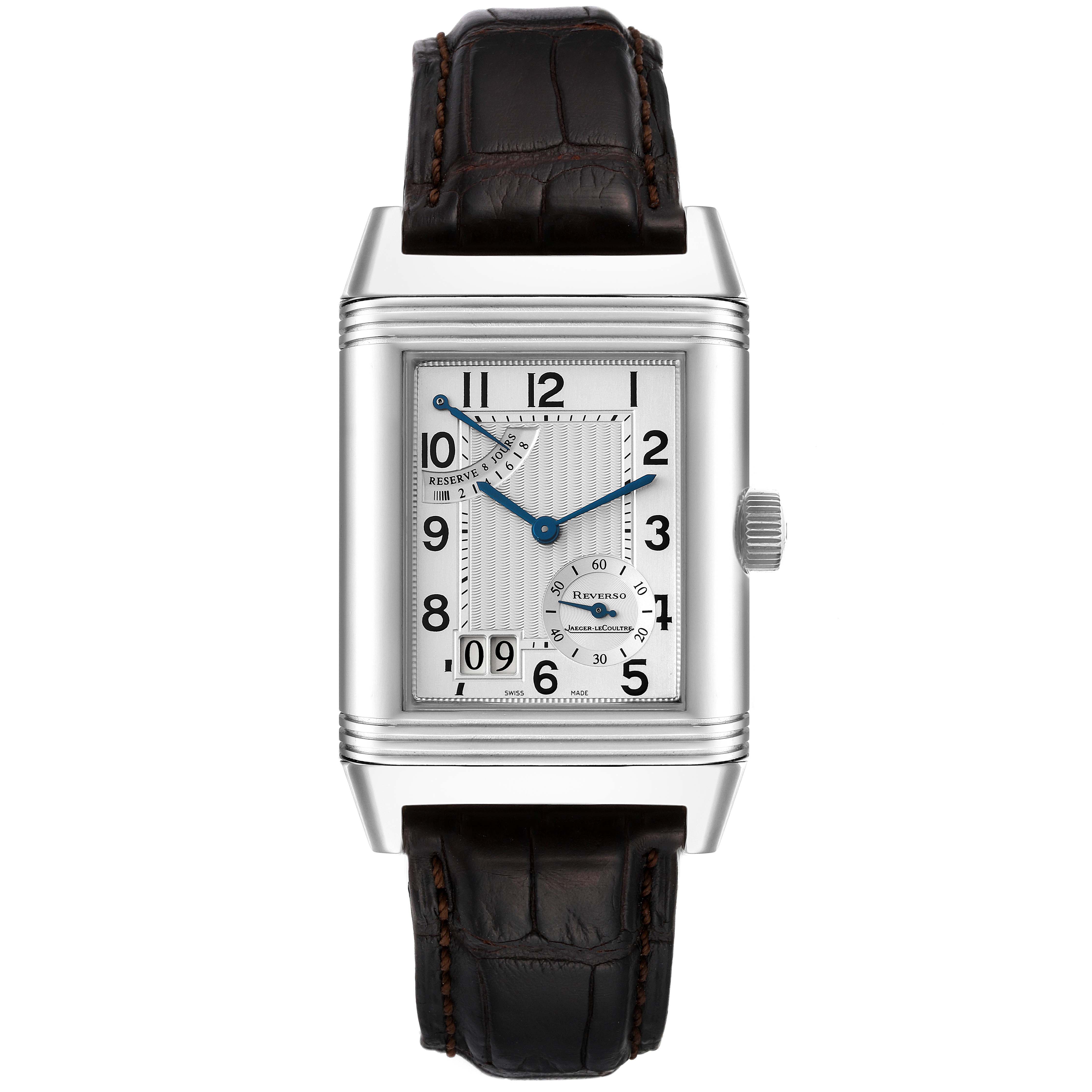 This image shows a front view of the Jaeger-LeCoultre Reverso watch with a rectangular face and leather strap.