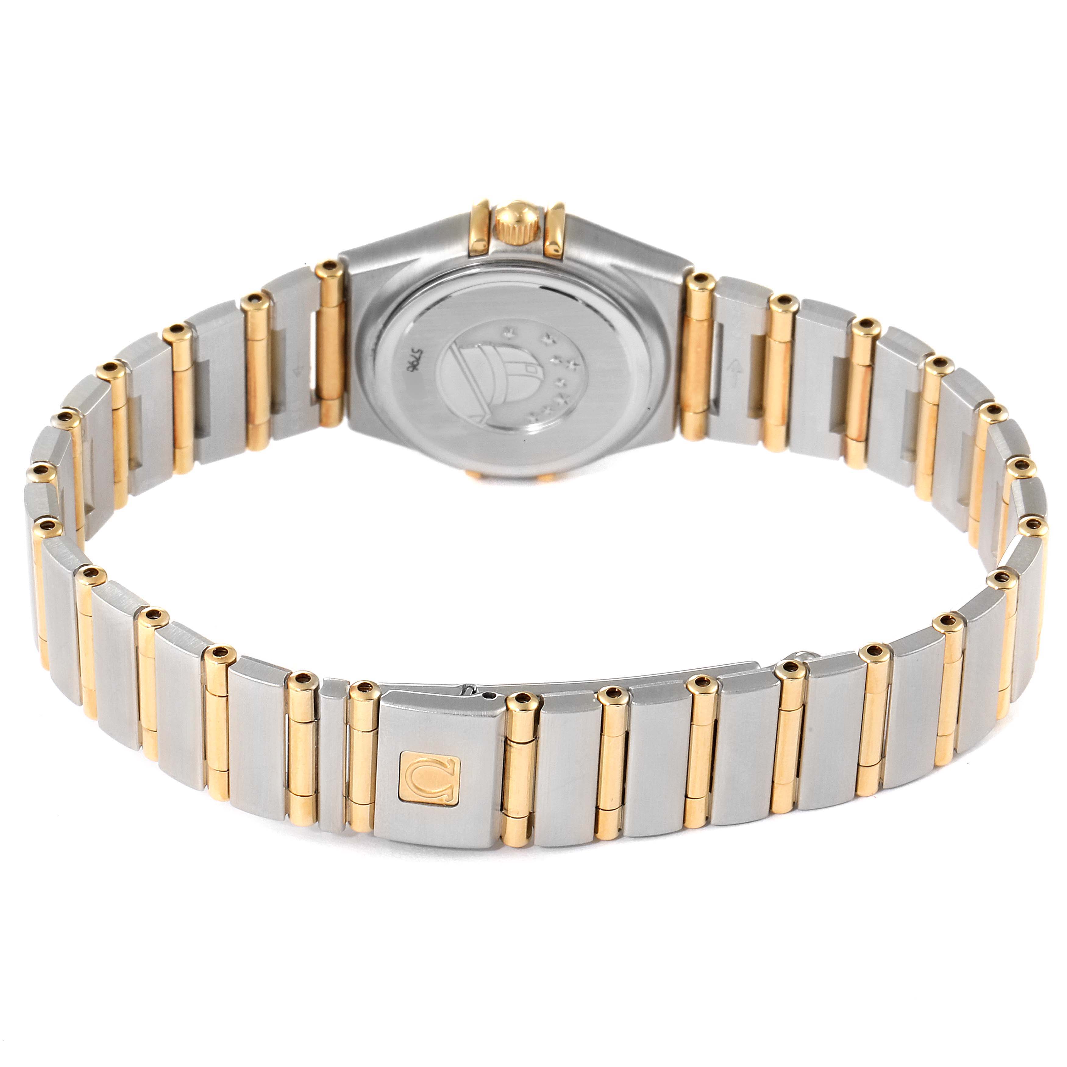 The image shows the back view of the Omega 1267.75.00 Women's Steel and Gold (two tone) Mother of Pearl Dial 1267.75.00 Women's Steel and Gold (two tone) Mother of Pearl Dial Constellation 95 Mother of Pearl Diamond Watch 1267.75.00, highlighting its two-tone bracelet and case back.