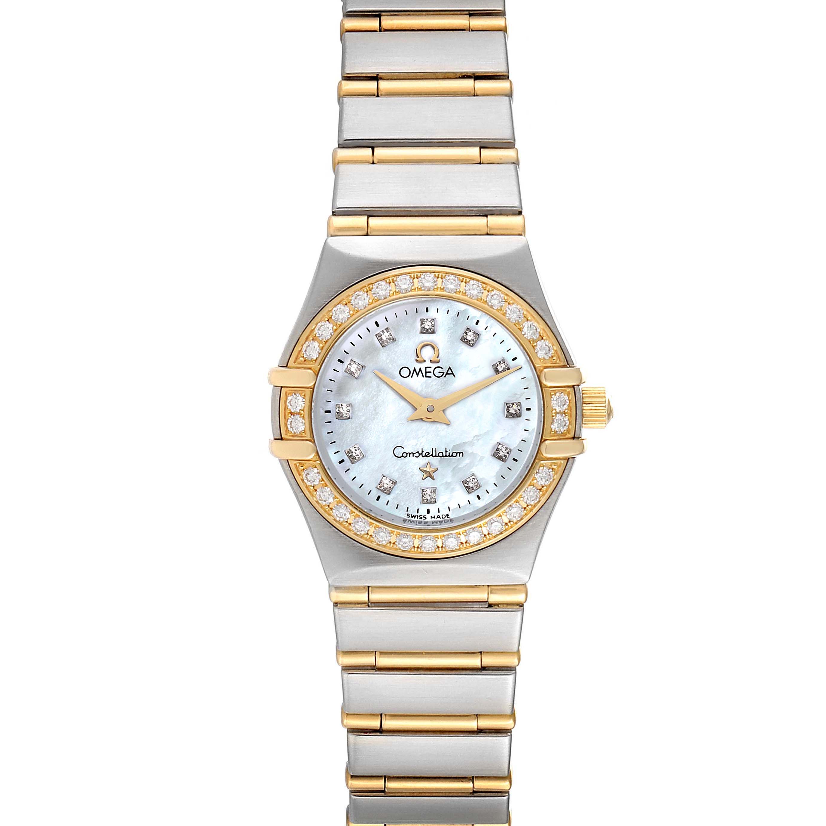 The image shows a front view of an Omega 1267.75.00 Women's Steel and Gold (two tone) Mother of Pearl Dial 1267.75.00 Women's Steel and Gold (two tone) Mother of Pearl Dial Constellation 95 Mother of Pearl Diamond Watch 1267.75.00, highlighting the face, bezel, and bracelet.