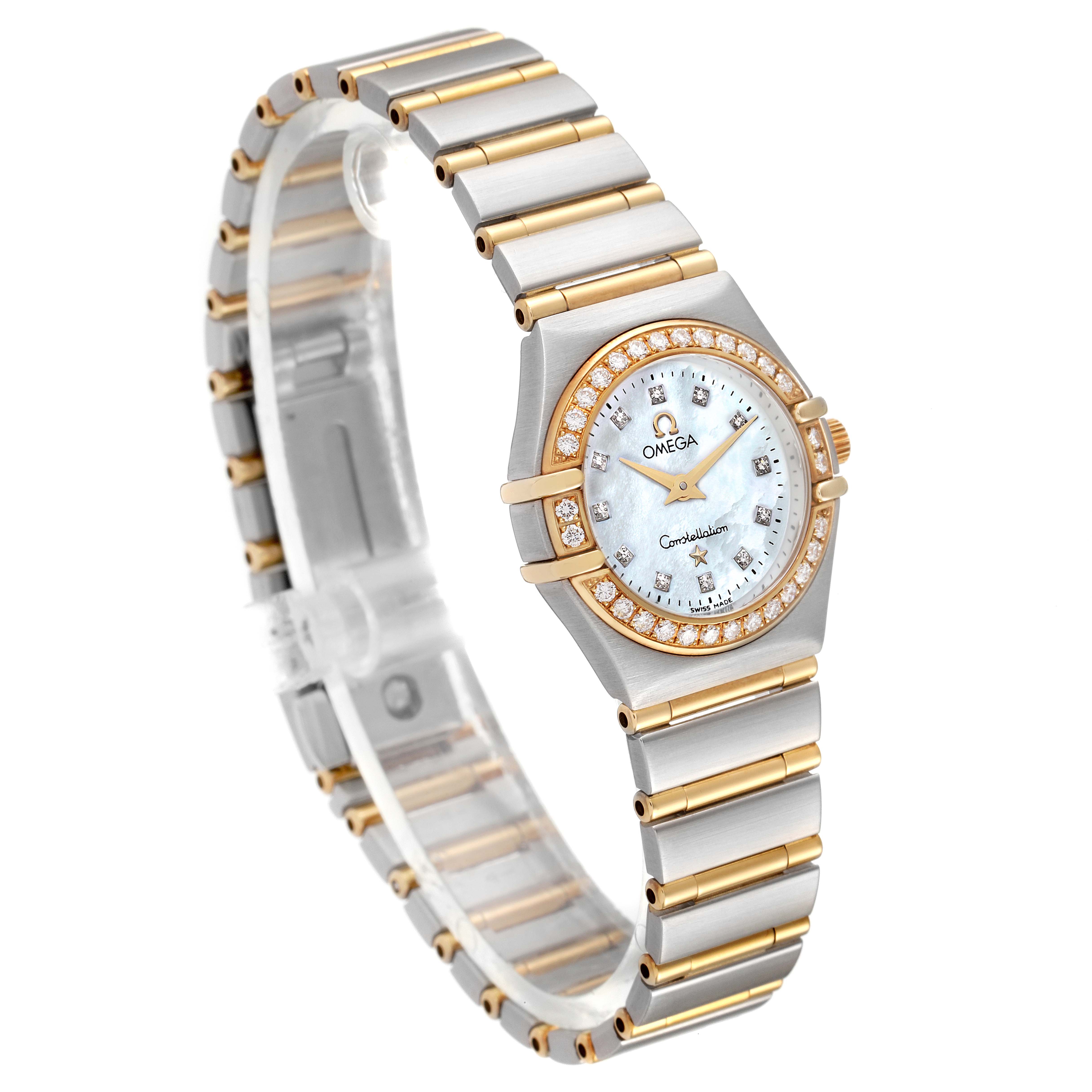 The image shows the Omega 1267.75.00 Women's Steel and Gold (two tone) Mother of Pearl Dial 1267.75.00 Women's Steel and Gold (two tone) Mother of Pearl Dial Constellation 95 Mother of Pearl Diamond Watch 1267.75.00 from an angled side view, highlighting the bracelet and diamond bezel.