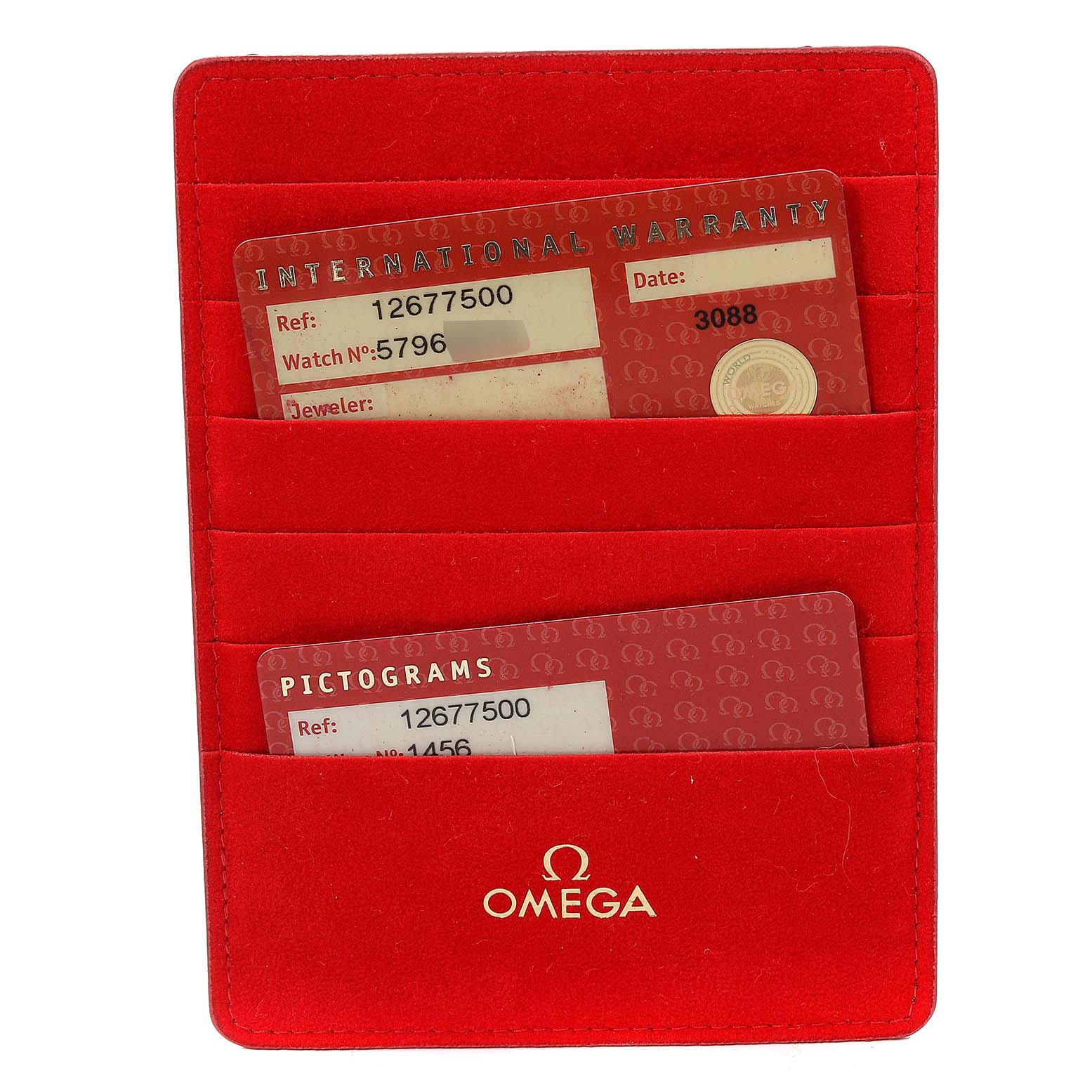 This image shows red Omega 1267.75.00 Women's Steel and Gold (two tone) Mother of Pearl Dial 1267.75.00 Women's Steel and Gold (two tone) Mother of Pearl Dial cardholder with warranty and pictogram cards for the Constellation 95 Mother of Pearl Diamond Watch 1267.75.00.