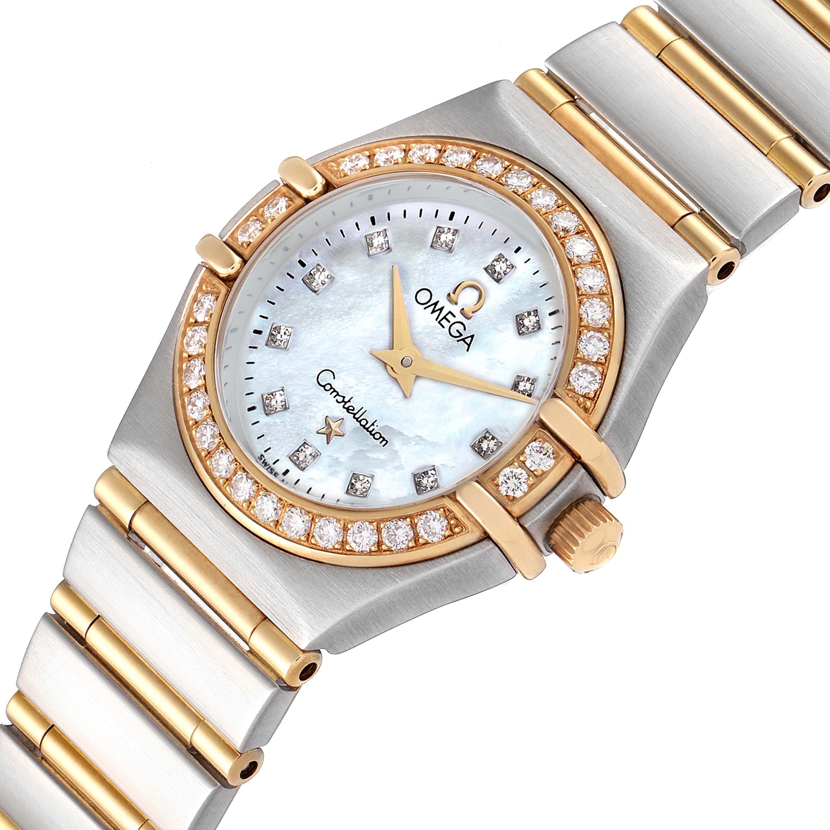 The image shows a close-up of the Omega 1267.75.00 Women's Steel and Gold (two tone) Mother of Pearl Dial 1267.75.00 Women's Steel and Gold (two tone) Mother of Pearl Dial Constellation 95 Mother of Pearl Diamond Watch 1267.75.00, highlighting the dial and band.