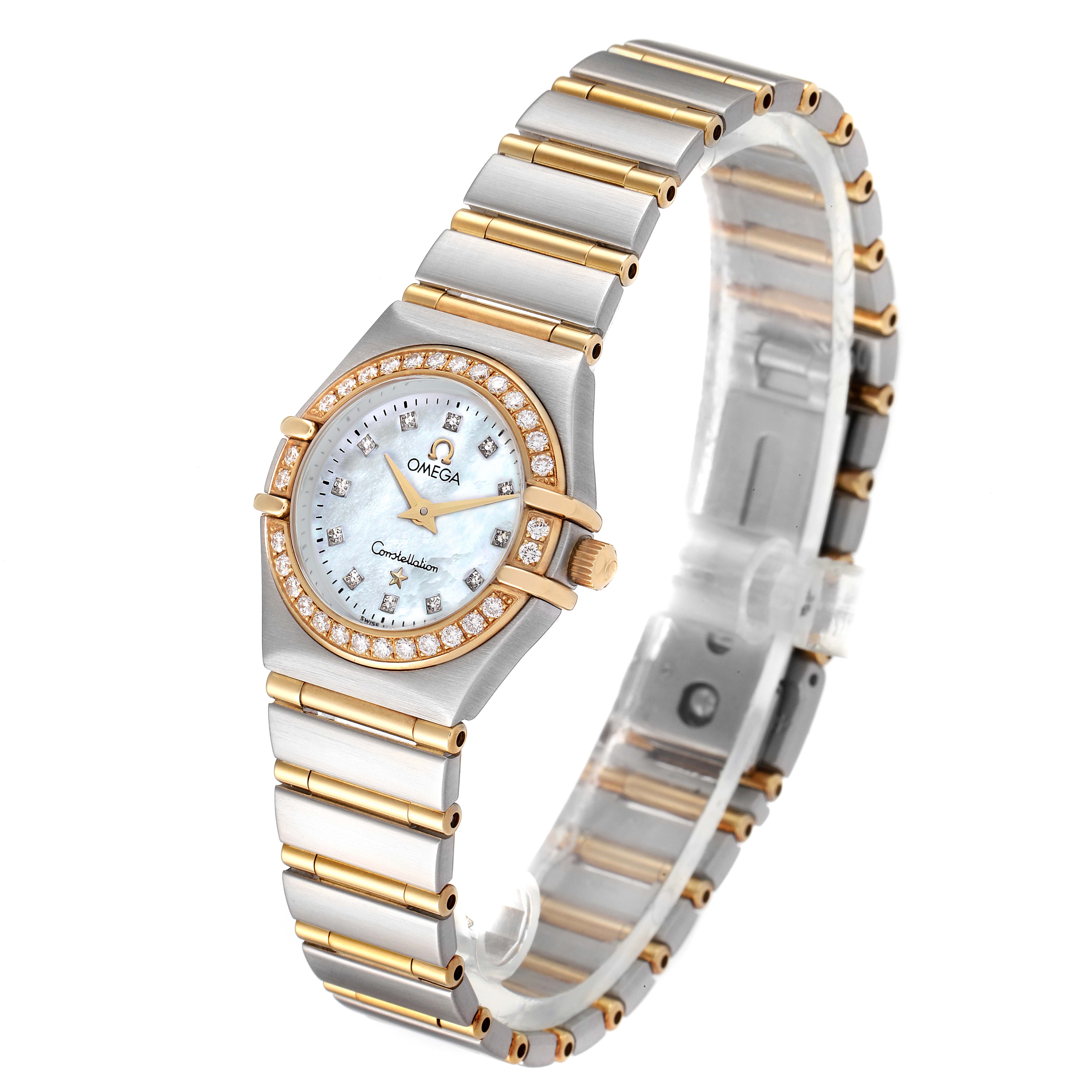 The image features an Omega 1267.75.00 Women's Steel and Gold (two tone) Mother of Pearl Dial 1267.75.00 Women's Steel and Gold (two tone) Mother of Pearl Dial Constellation 95 Mother of Pearl Diamond Watch 1267.75.00 at a three-quarter angle highlighting its face and bracelet.