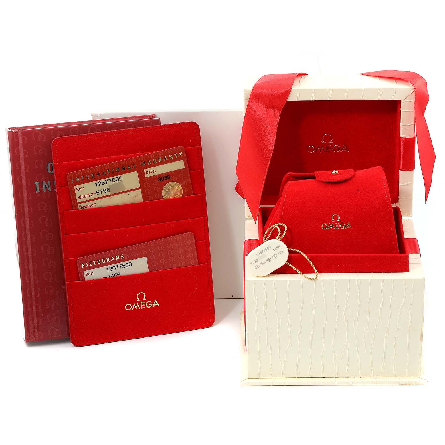 The image shows the packaging, red card holder, warranty cards, and tags for the Omega 1267.75.00 Women's Steel and Gold (two tone) Mother of Pearl Dial 1267.75.00 Women's Steel and Gold (two tone) Mother of Pearl Dial Constellation 95 Mother of Pearl Diamond Watch 1267.75.00.