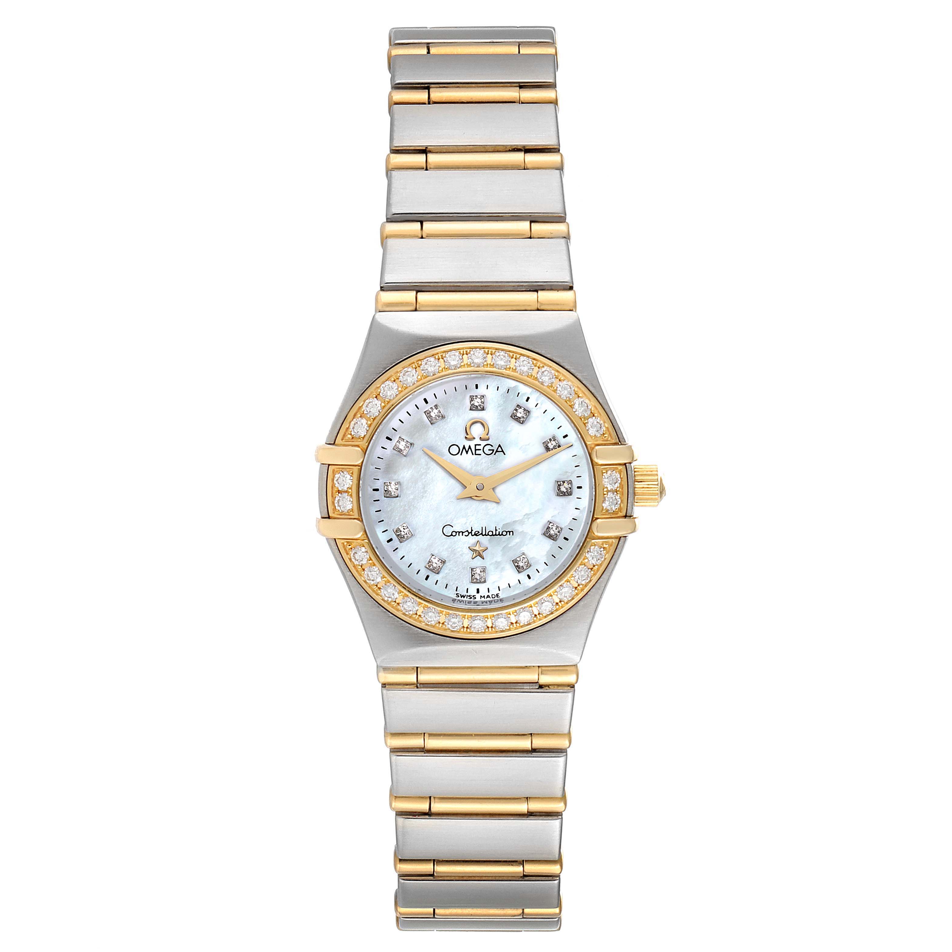 The image shows a frontal view of the Omega 1267.75.00 Women's Steel and Gold (two tone) Mother of Pearl Dial 1267.75.00 Women's Steel and Gold (two tone) Mother of Pearl Dial Constellation 95 Mother of Pearl Diamond Watch 1267.75.00 with a two-tone bracelet and diamond bezel.