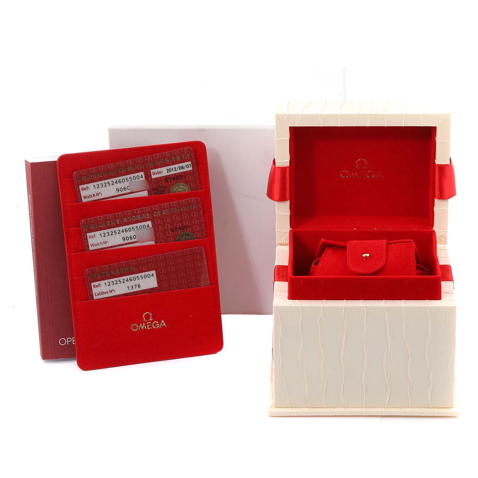 The image shows the box and card set for the Omega 123.25.24.60.55.004 Women's Steel and Gold (two tone) Mother of Pearl Dial 123.25.24.60.55.004 Women's Steel and Gold (two tone) Mother of Pearl Dial Constellation Mother of Pearl Diamond Ladies Watch model 123.25.24.60.55.004.