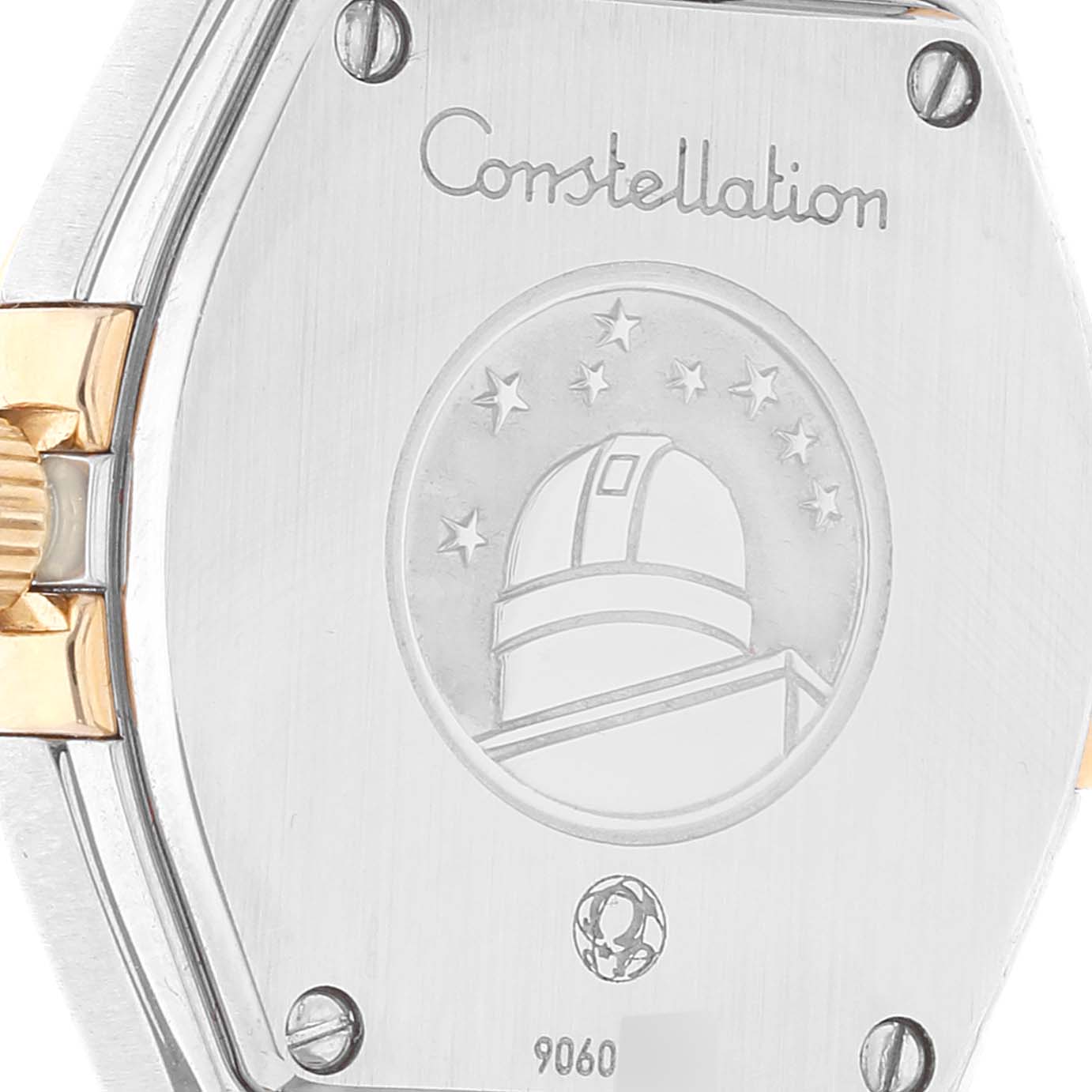 The image shows the back case of an Omega 123.25.24.60.55.004 Women's Steel and Gold (two tone) Mother of Pearl Dial 123.25.24.60.55.004 Women's Steel and Gold (two tone) Mother of Pearl Dial Constellation Mother of Pearl Diamond Ladies Watch 123.25.24.60.55.004.