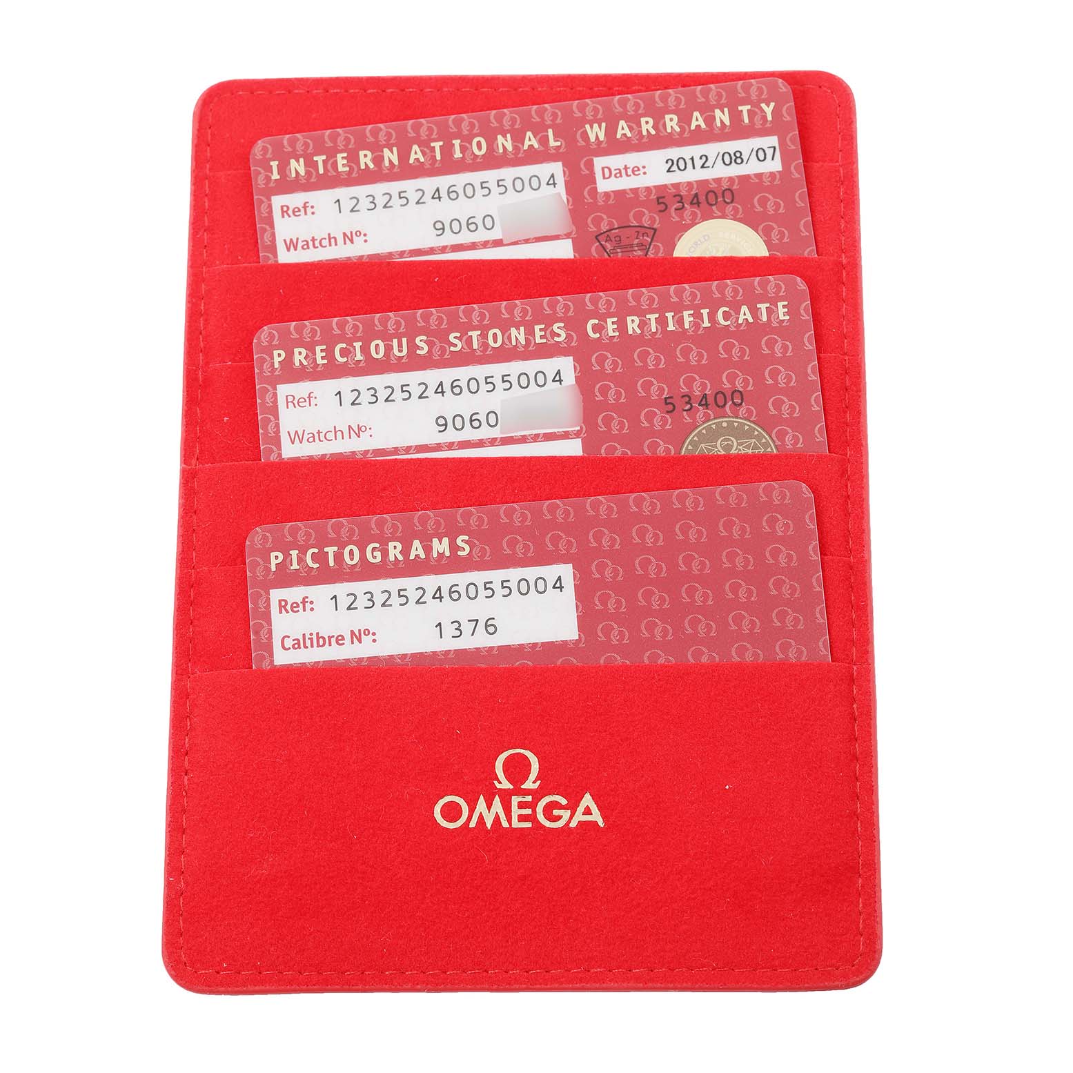 This image shows three Omega 123.25.24.60.55.004 Women's Steel and Gold (two tone) Mother of Pearl Dial 123.25.24.60.55.004 Women's Steel and Gold (two tone) Mother of Pearl Dial cards in a red holder for the Constellation Mother of Pearl Diamond Ladies Watch model 123.25.24.60.55.004.