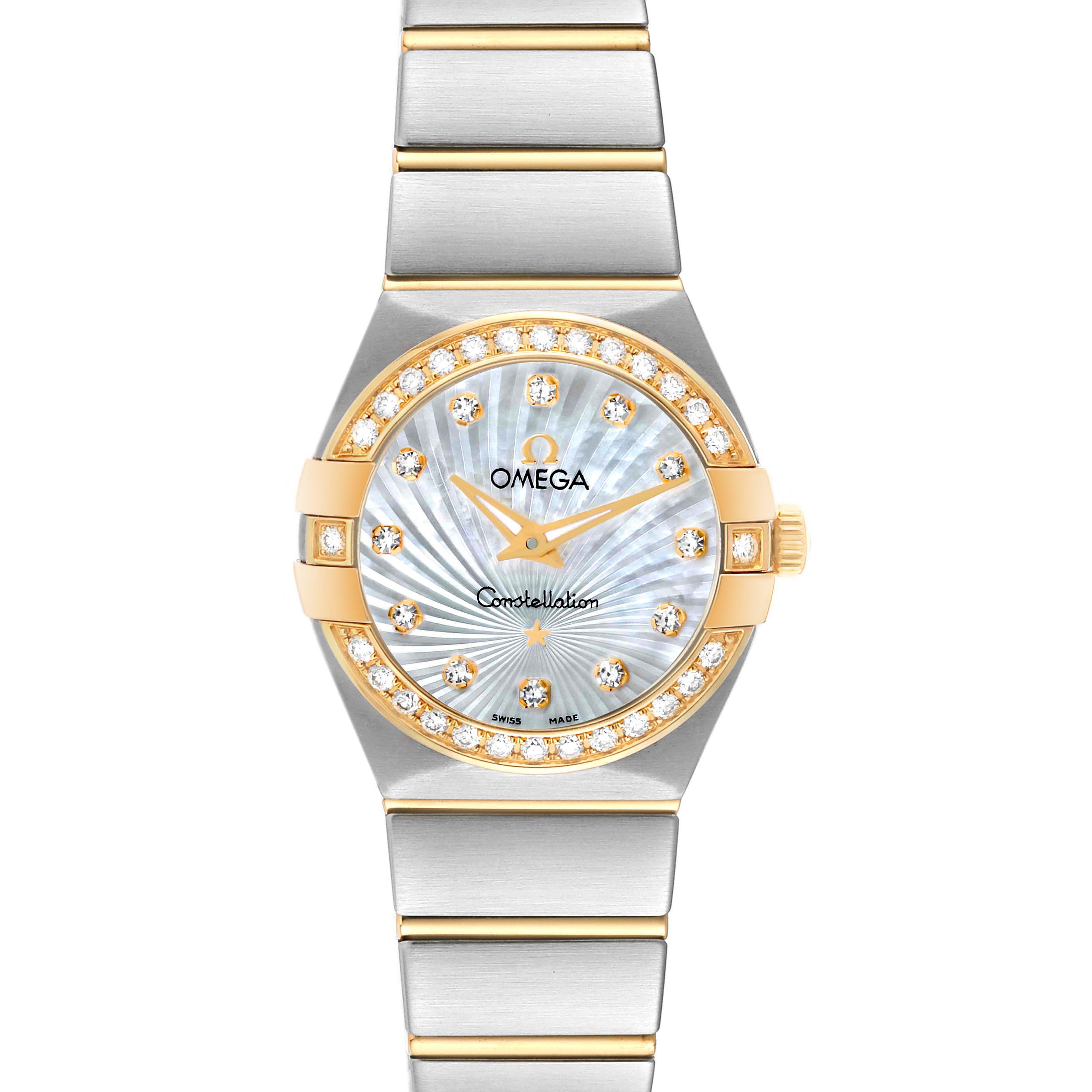 The image shows a front view of the Omega 123.25.24.60.55.004 Women's Steel and Gold (two tone) Mother of Pearl Dial 123.25.24.60.55.004 Women's Steel and Gold (two tone) Mother of Pearl Dial Constellation Mother of Pearl Diamond Ladies Watch model 123.25.24.60.55.004.