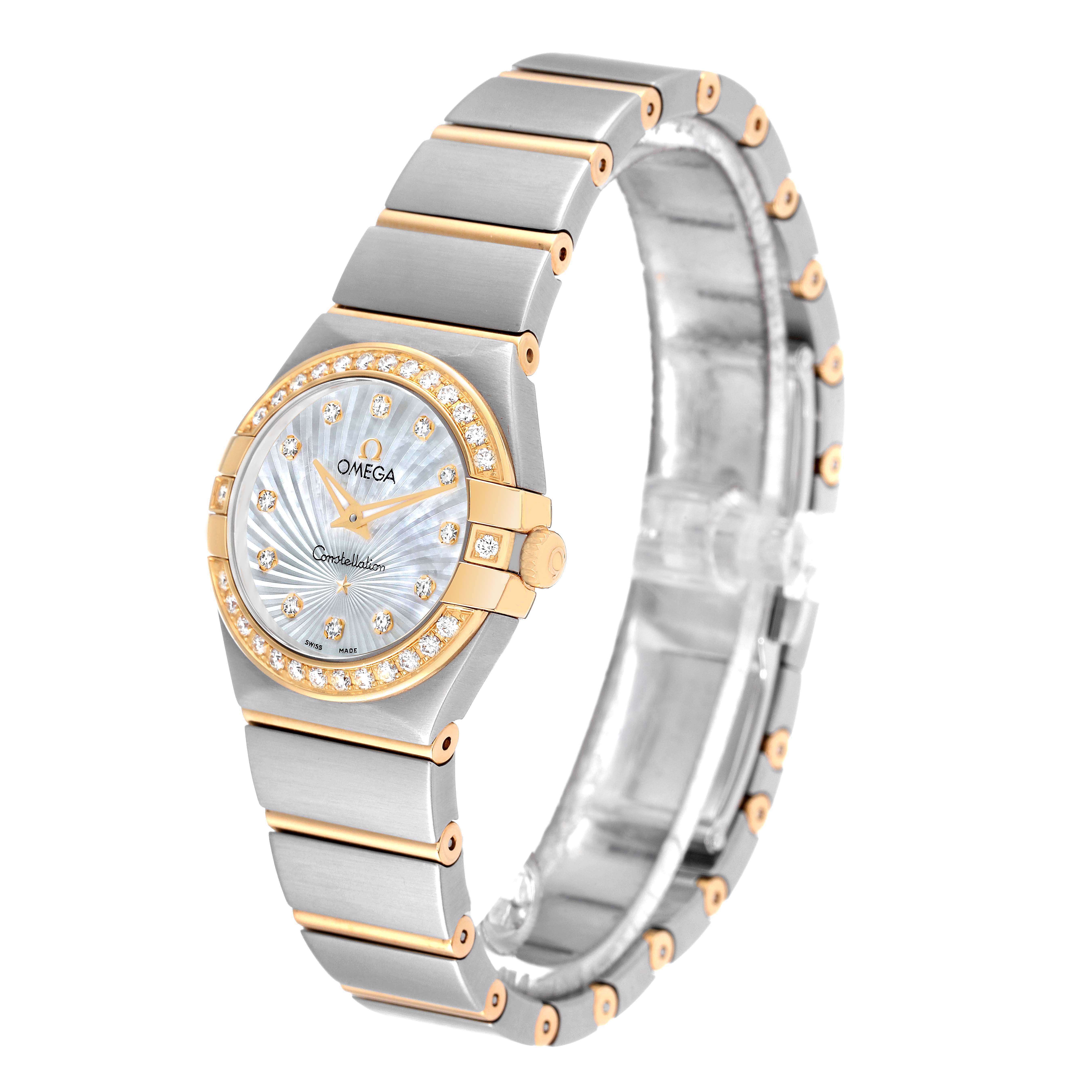 The image shows an angled view of the Omega 123.25.24.60.55.004 Women's Steel and Gold (two tone) Mother of Pearl Dial 123.25.24.60.55.004 Women's Steel and Gold (two tone) Mother of Pearl Dial Constellation Mother of Pearl Diamond Ladies Watch model 123.25.24.60.55.004.