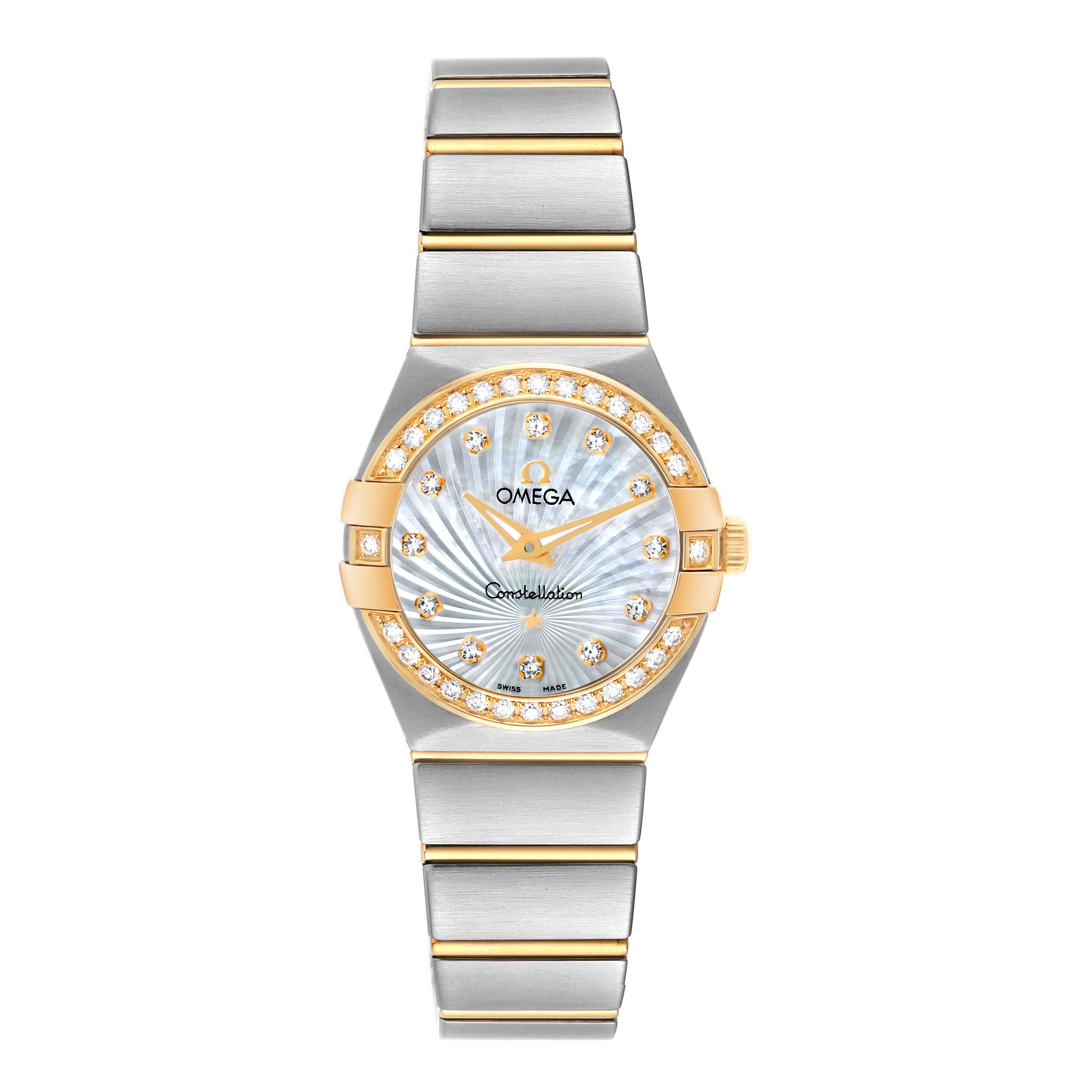 The image shows a frontal view of the Omega 123.25.24.60.55.004 Women's Steel and Gold (two tone) Mother of Pearl Dial 123.25.24.60.55.004 Women's Steel and Gold (two tone) Mother of Pearl Dial Constellation Mother of Pearl Diamond Ladies Watch model 123.25.24.60.55.004.