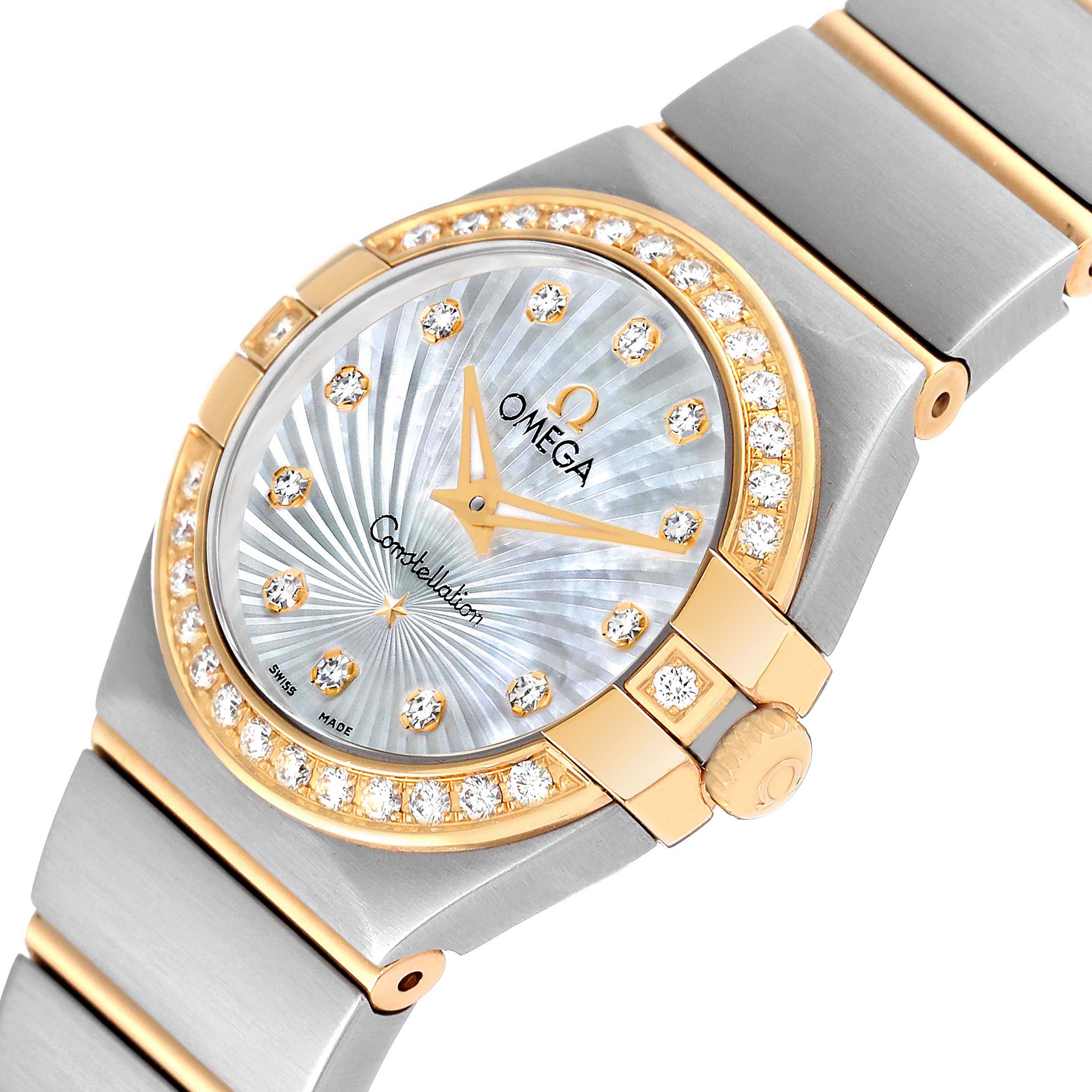This image shows a close-up of the face and part of the bracelet of an Omega 123.25.24.60.55.004 Women's Steel and Gold (two tone) Mother of Pearl Dial 123.25.24.60.55.004 Women's Steel and Gold (two tone) Mother of Pearl Dial Constellation Mother of Pearl Diamond Ladies Watch 123.25.24.60.55.004.
