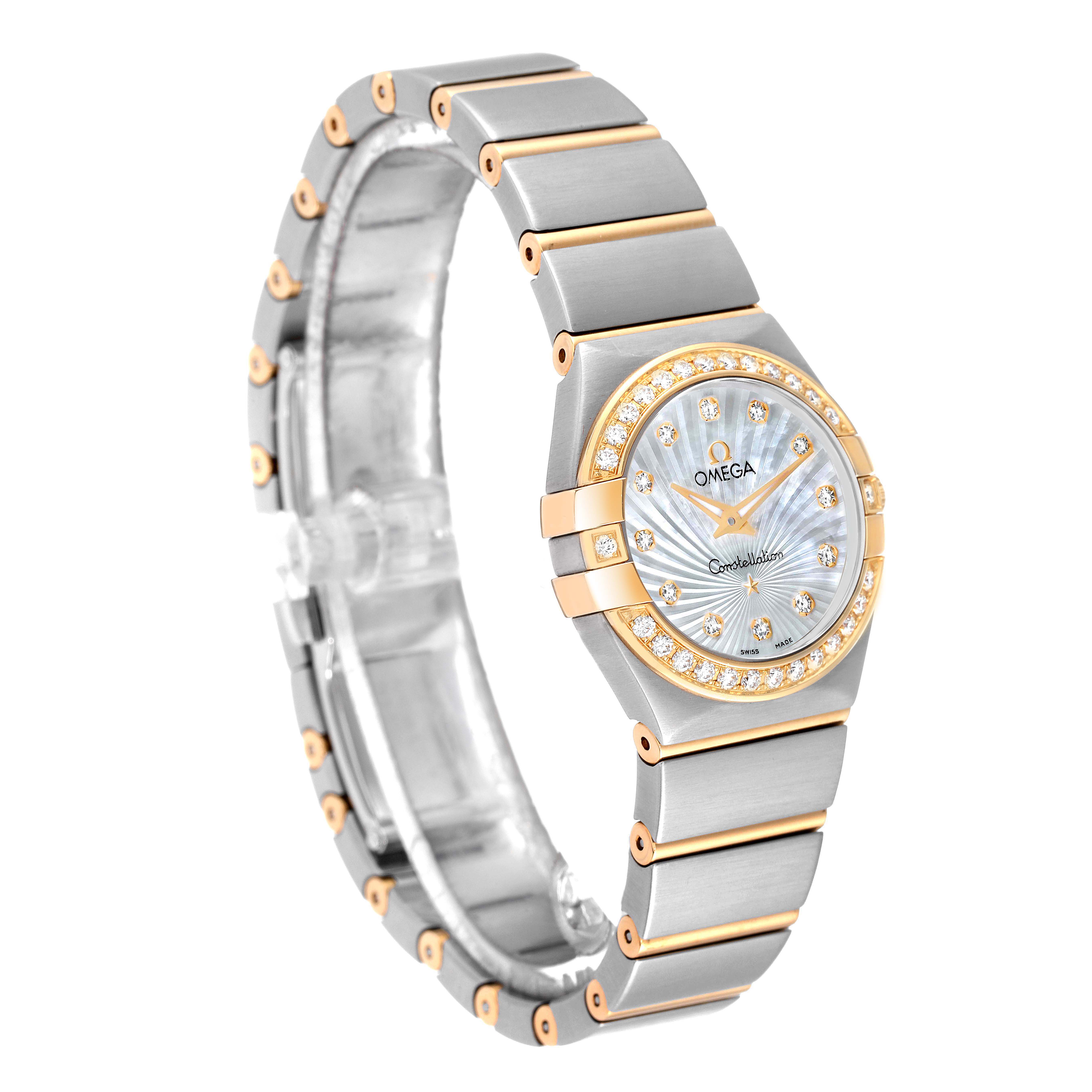 The image shows an angled side view of the Omega 123.25.24.60.55.004 Women's Steel and Gold (two tone) Mother of Pearl Dial 123.25.24.60.55.004 Women's Steel and Gold (two tone) Mother of Pearl Dial Constellation Mother of Pearl Diamond Ladies Watch 123.25.24.60.55.004, highlighting the band and face.