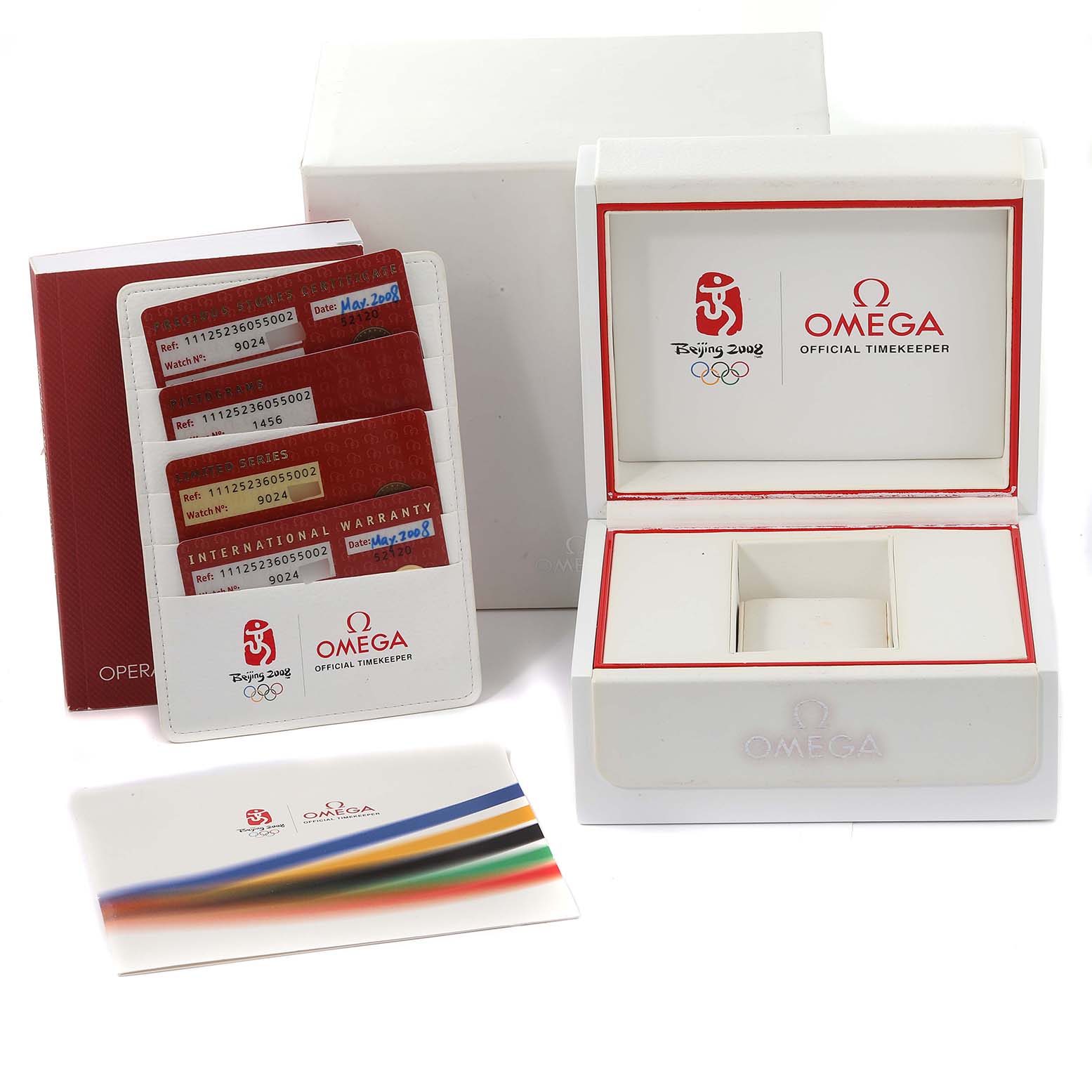 The image shows the packaging and accessories of the Omega 111.25.23.60.55.002 Women's Steel and Gold (two tone) Mother of Pearl Dial 111.25.23.60.55.002 Women's Steel and Gold (two tone) Mother of Pearl Dial Constellation Olympic Steel Rose Gold Ladies Watch 11.25.23.60.55.002, including the box, warranty cards, and manuals.