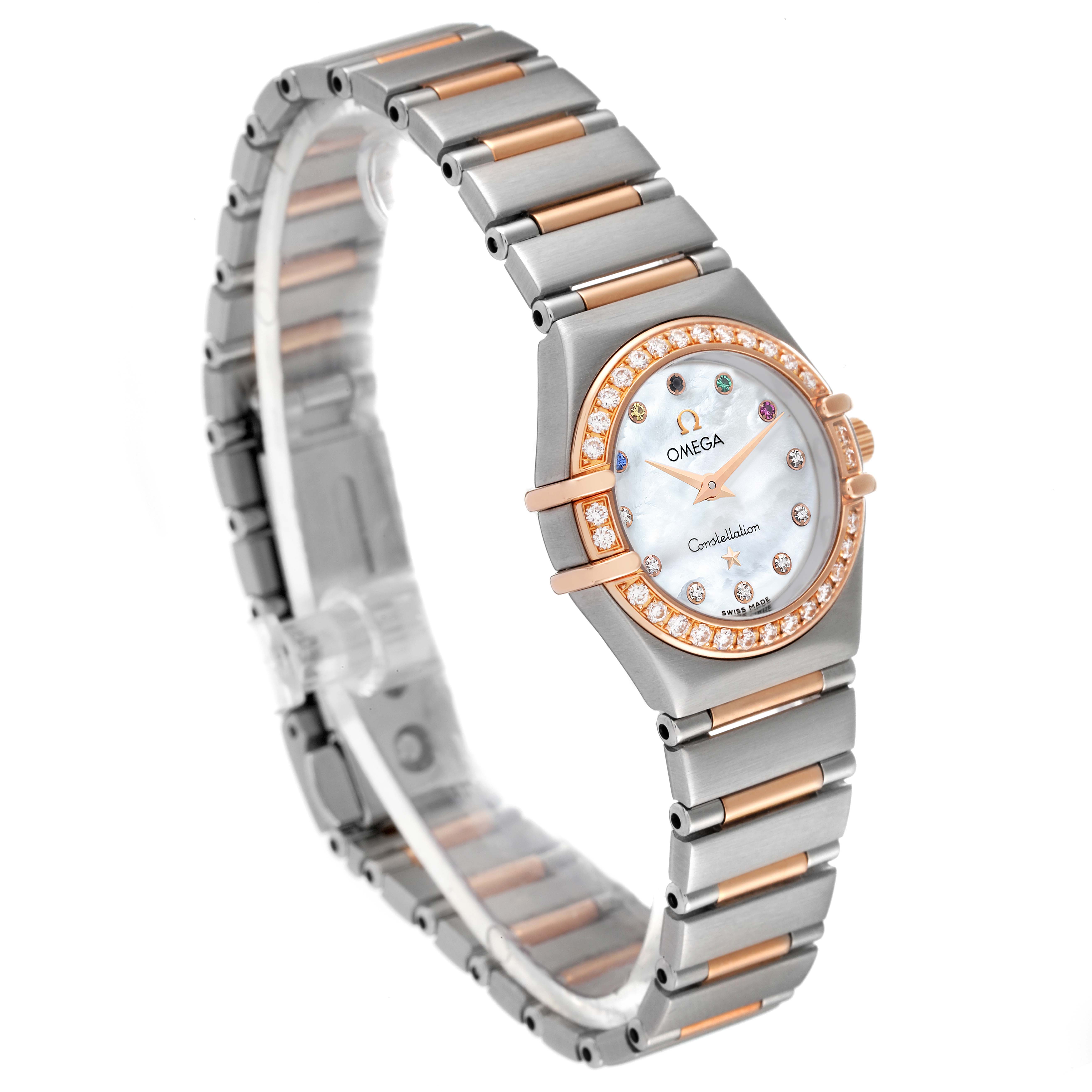 The Omega 111.25.23.60.55.002 Women's Steel and Gold (two tone) Mother of Pearl Dial 111.25.23.60.55.002 Women's Steel and Gold (two tone) Mother of Pearl Dial Constellation Olympic Steel Rose Gold Ladies Watch model 11.25.23.60.55.002 is shown at a slight left-side angle featuring its dial and bracelet.