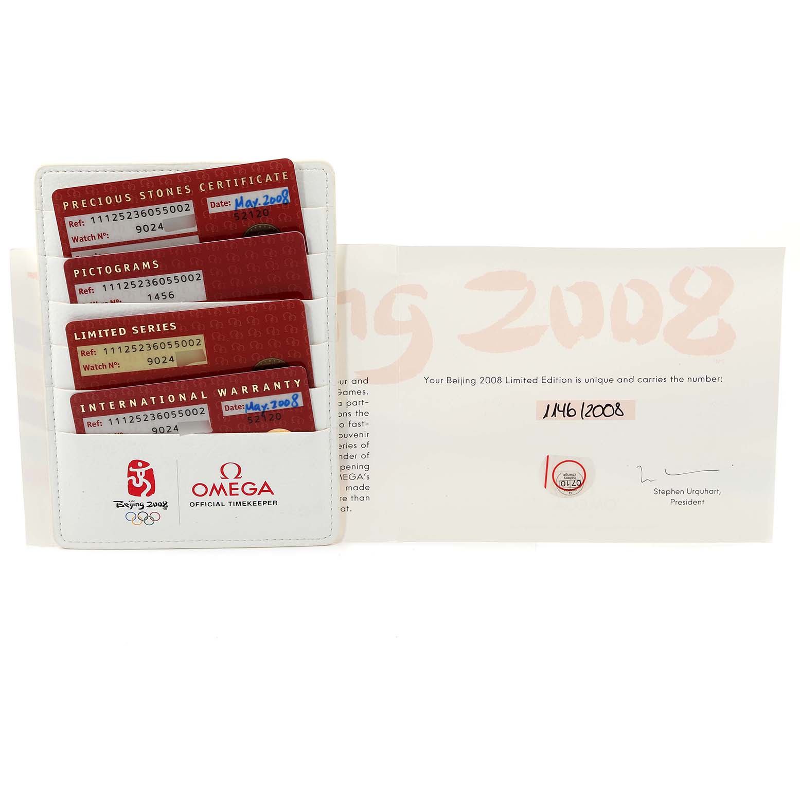 The image shows warranty cards and certifications for the Omega 111.25.23.60.55.002 Women's Steel and Gold (two tone) Mother of Pearl Dial 111.25.23.60.55.002 Women's Steel and Gold (two tone) Mother of Pearl Dial Constellation Olympic Steel Rose Gold Ladies Watch, model 11.25.23.60.55.002.