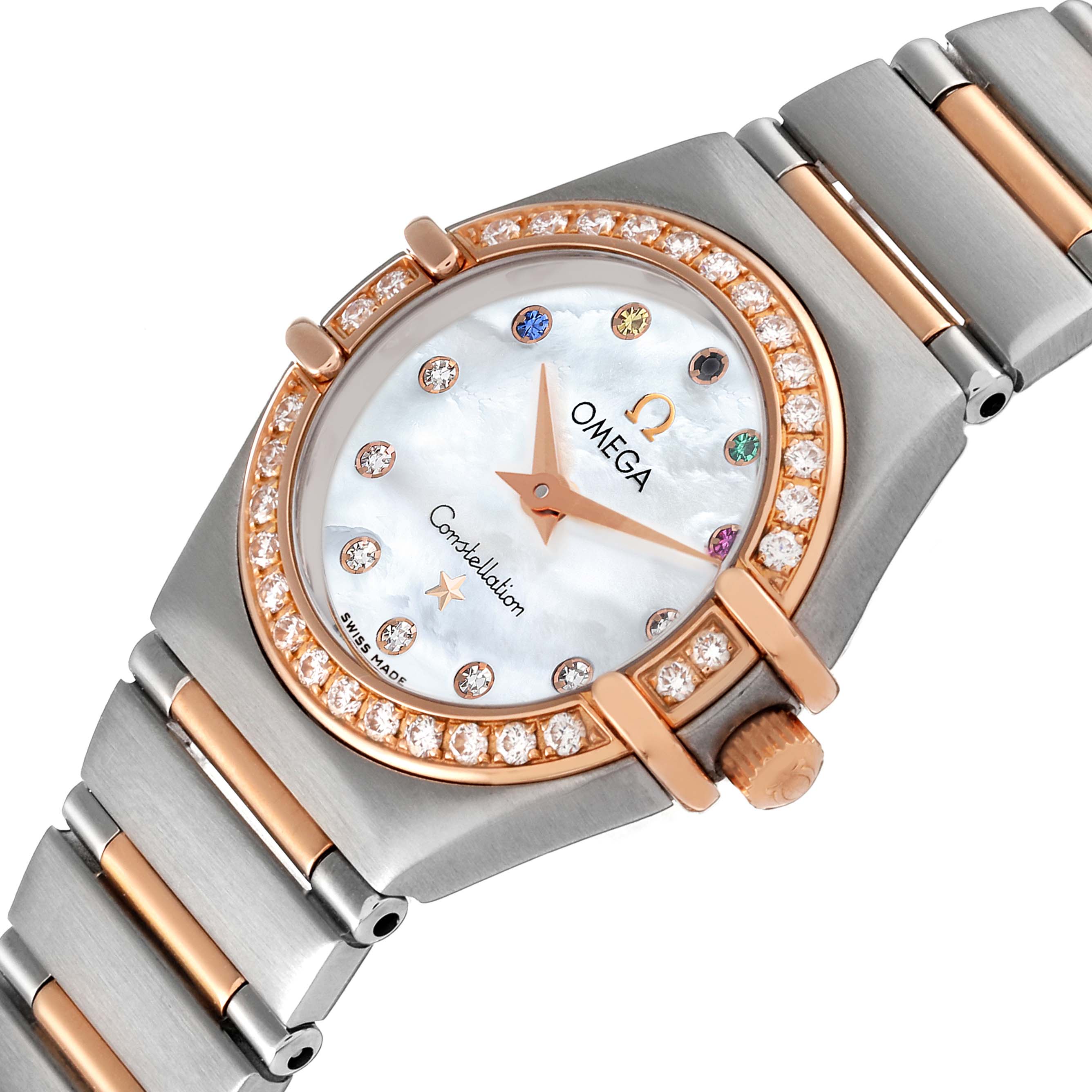 The image shows the dial and part of the bracelet of the Omega 111.25.23.60.55.002 Women's Steel and Gold (two tone) Mother of Pearl Dial 111.25.23.60.55.002 Women's Steel and Gold (two tone) Mother of Pearl Dial Constellation Olympic Steel Rose Gold Ladies Watch model 11.25.23.60.55.002.