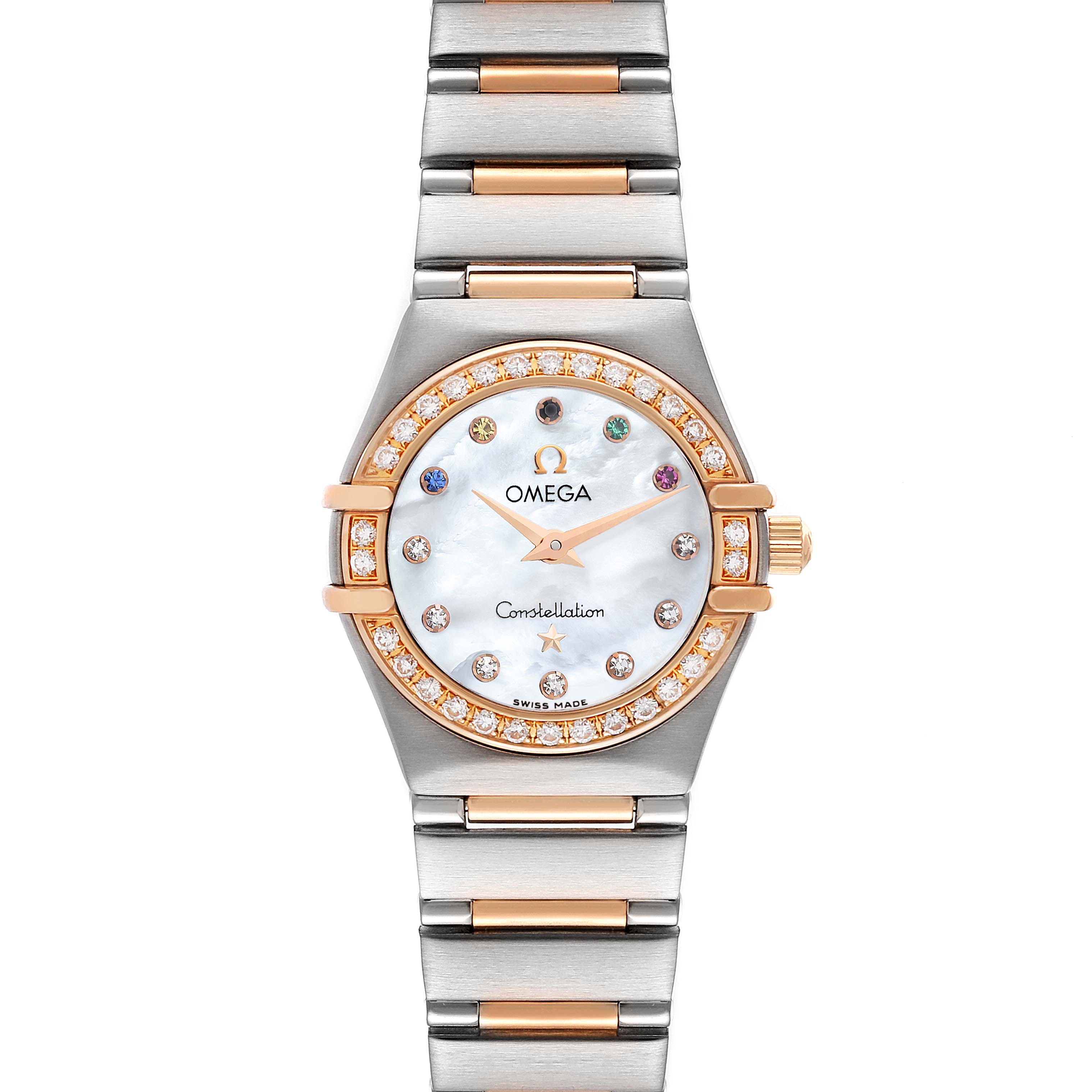 The image shows a front view of the Omega 111.25.23.60.55.002 Women's Steel and Gold (two tone) Mother of Pearl Dial 111.25.23.60.55.002 Women's Steel and Gold (two tone) Mother of Pearl Dial Constellation Olympic Steel Rose Gold Ladies Watch model 11.25.23.60.55.002.