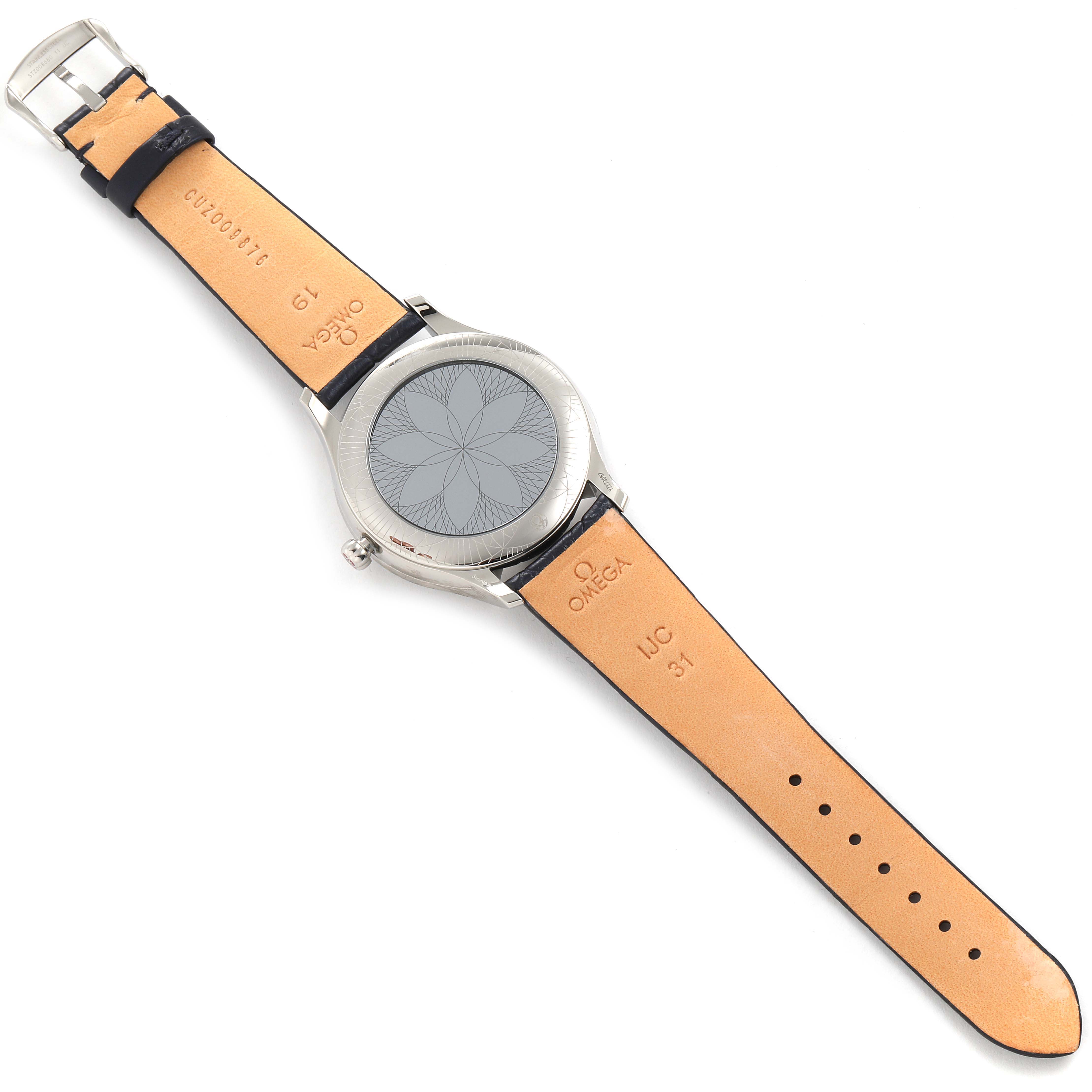 This image shows the back and strap of the Omega 428.18.39.60.04.001 Women's Stainless Steel White Dial 428.18.39.60.04.001 Women's Stainless Steel White Dial De Ville Tresor Steel Diamond Ladies Watch 428.18.39.60.04.001.