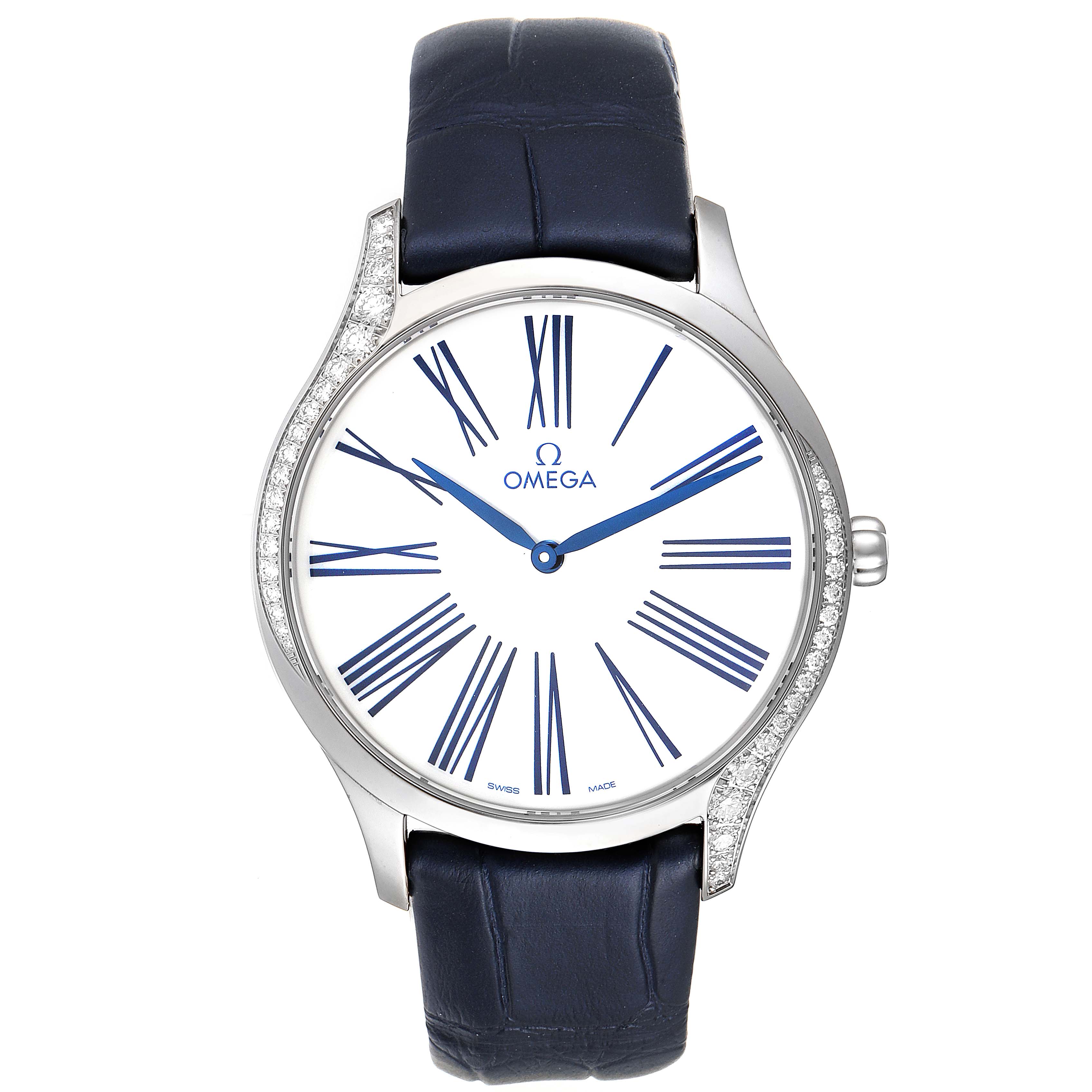 This Omega 428.18.39.60.04.001 Women's Stainless Steel White Dial 428.18.39.60.04.001 Women's Stainless Steel White Dial De Ville Tresor Steel Diamond Ladies Watch model 428.18.39.60.04.001 is displayed from the front, showing the face, strap, and bezel.