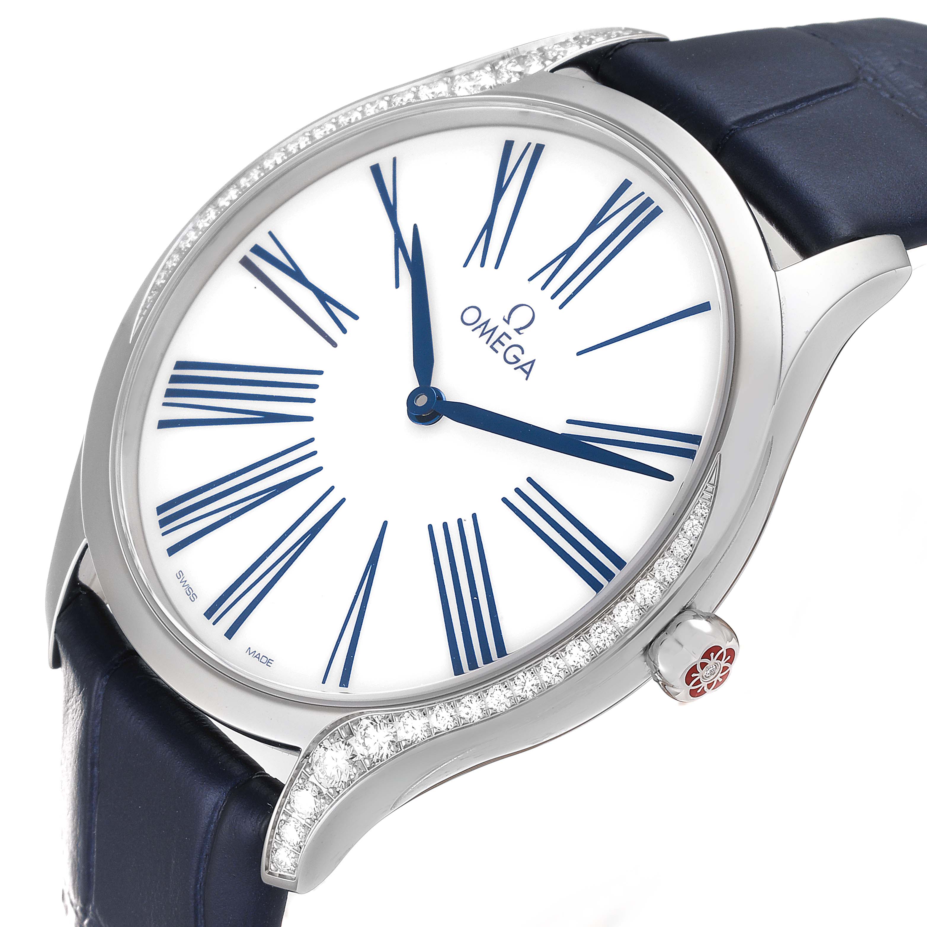 This image shows a close-up, angled view of an Omega 428.18.39.60.04.001 Women's Stainless Steel White Dial 428.18.39.60.04.001 Women's Stainless Steel White Dial De Ville Tresor Steel Diamond Ladies Watch, model 428.18.39.60.04.001.