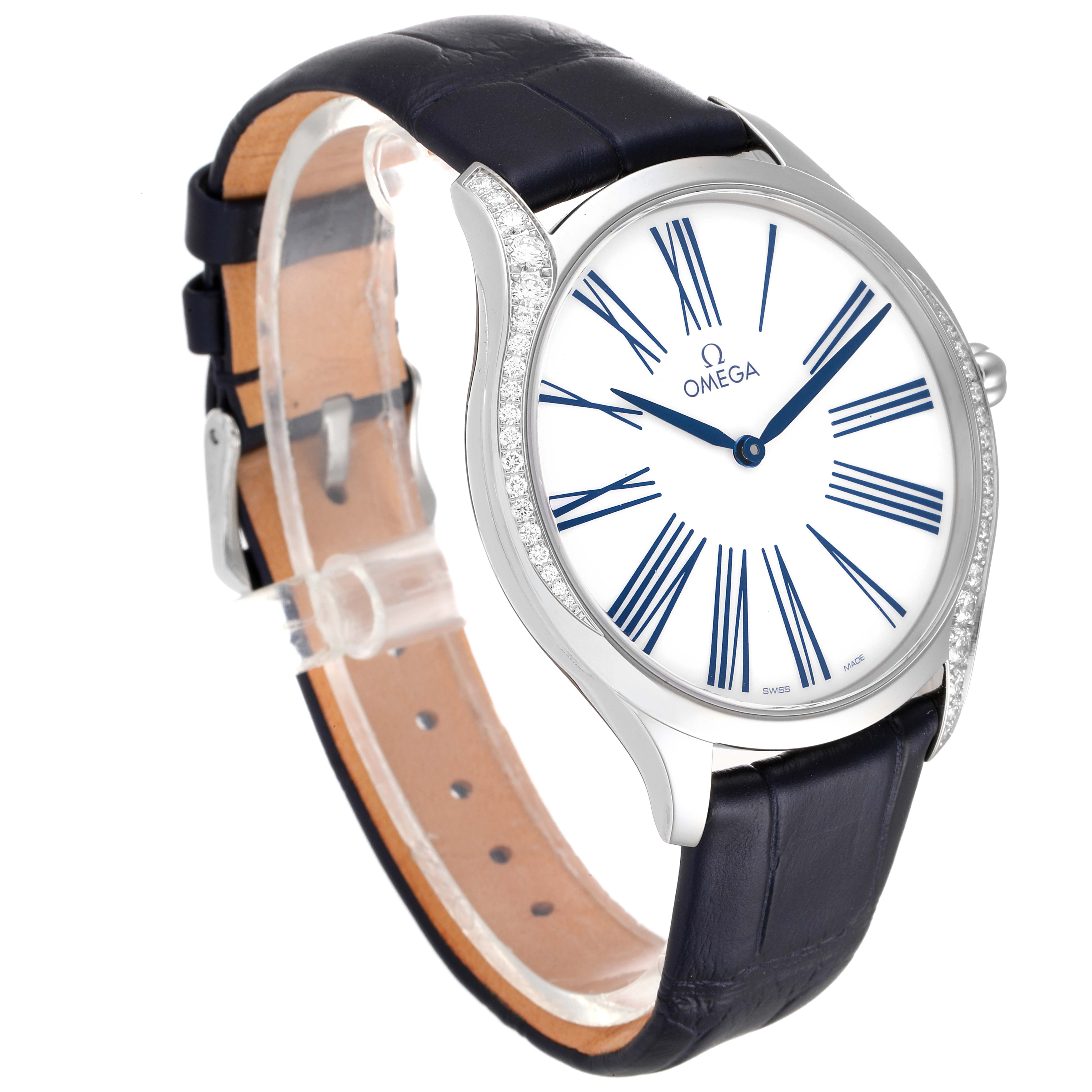 The image shows an angled view of the Omega 428.18.39.60.04.001 Women's Stainless Steel White Dial 428.18.39.60.04.001 Women's Stainless Steel White Dial De Ville Tresor Steel Diamond Ladies Watch 428.18.39.60.04.001, highlighting its face, strap, and diamond details.