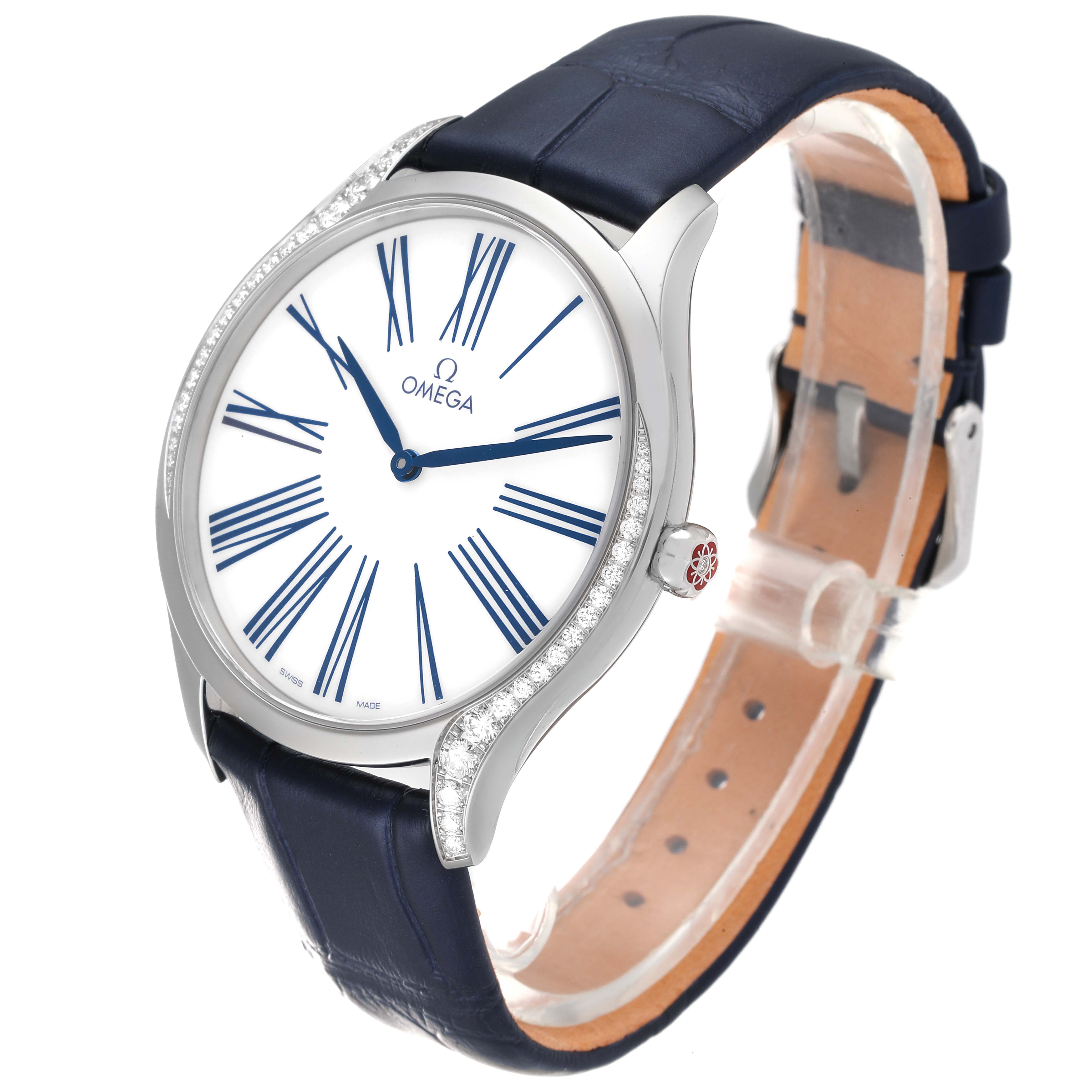 The image shows a front-side angle of the Omega 428.18.39.60.04.001 Women's Stainless Steel White Dial 428.18.39.60.04.001 Women's Stainless Steel White Dial De Ville Tresor Steel Diamond Ladies Watch 428.18.39.60.04.001 with visible dial and strap.