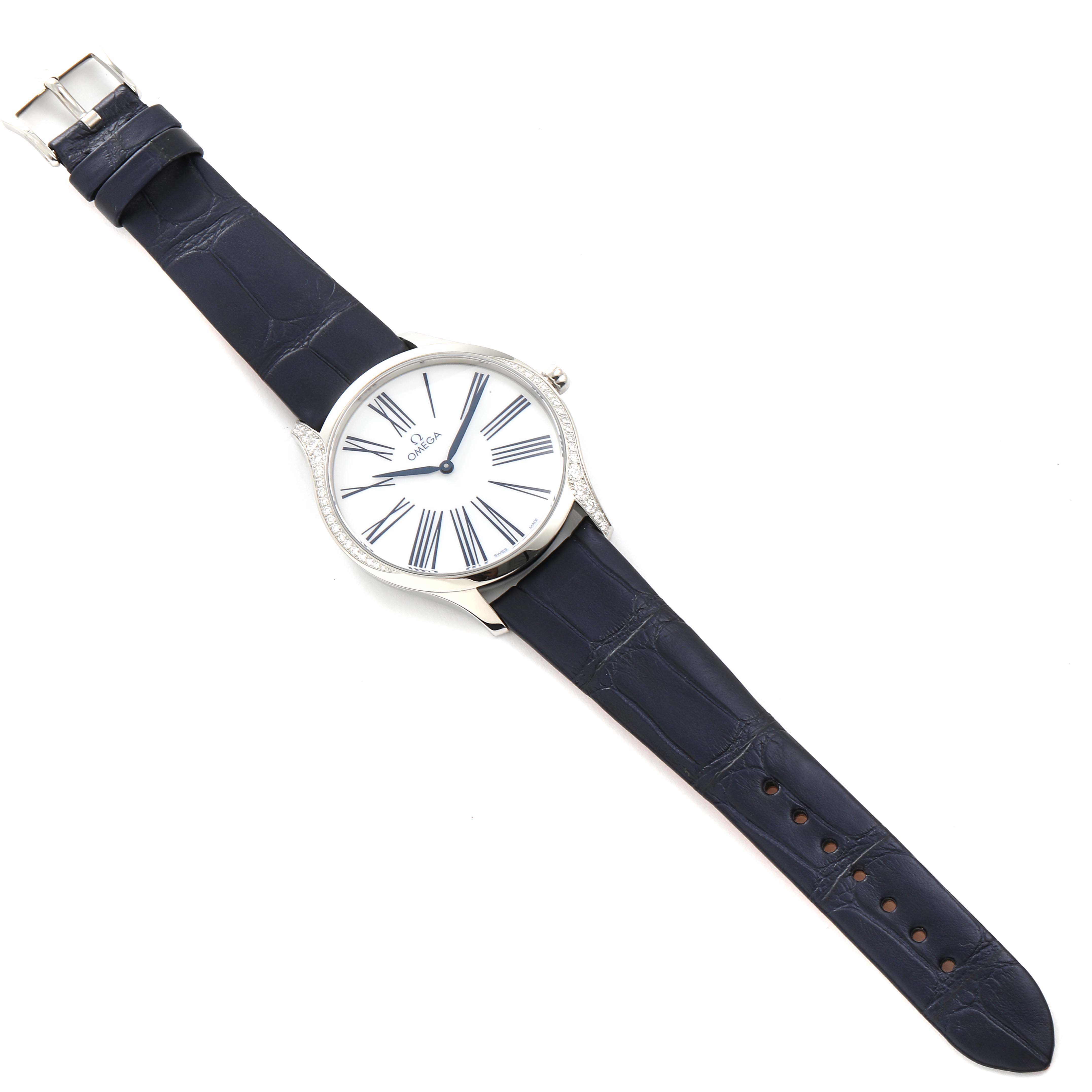 The Omega 428.18.39.60.04.001 Women's Stainless Steel White Dial 428.18.39.60.04.001 Women's Stainless Steel White Dial De Ville Tresor Steel Diamond Ladies Watch 428.18.39.60.04.001 is shown laying flat, showcasing the face, strap, and buckle.